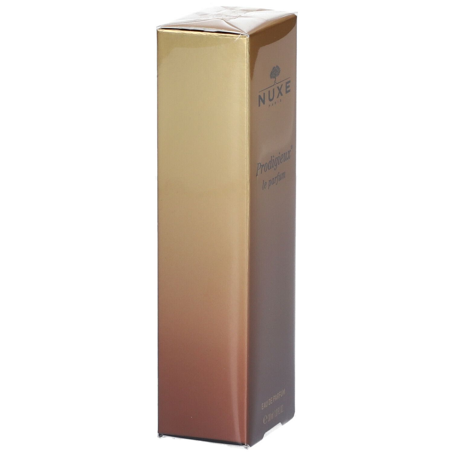 Scatola Nuxe Prodigieux le parfum. Sfumatura dorata. Logo Nuxe e nome del prodotto. Eau de Parfum, 30 ml.