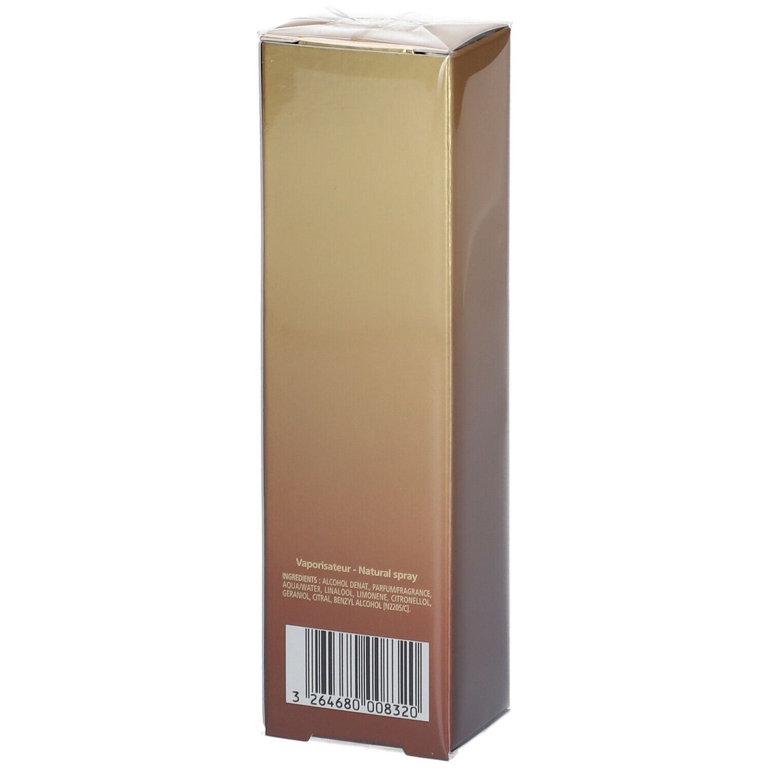 Retro della scatola Nuxe Prodigieux le parfum. Codice a barre e ingredienti. Sfumatura dorata.