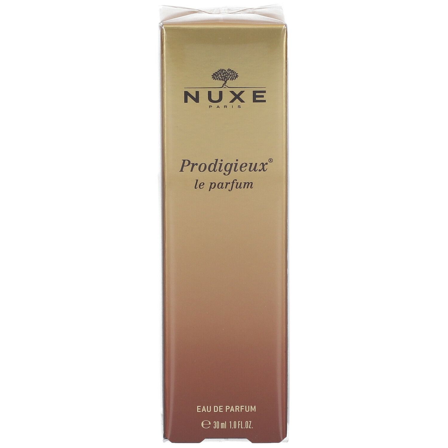 Scatola Nuxe Prodigieux le parfum. Sfumatura dorata. Logo Nuxe e nome del prodotto. Eau de Parfum, 30 ml.