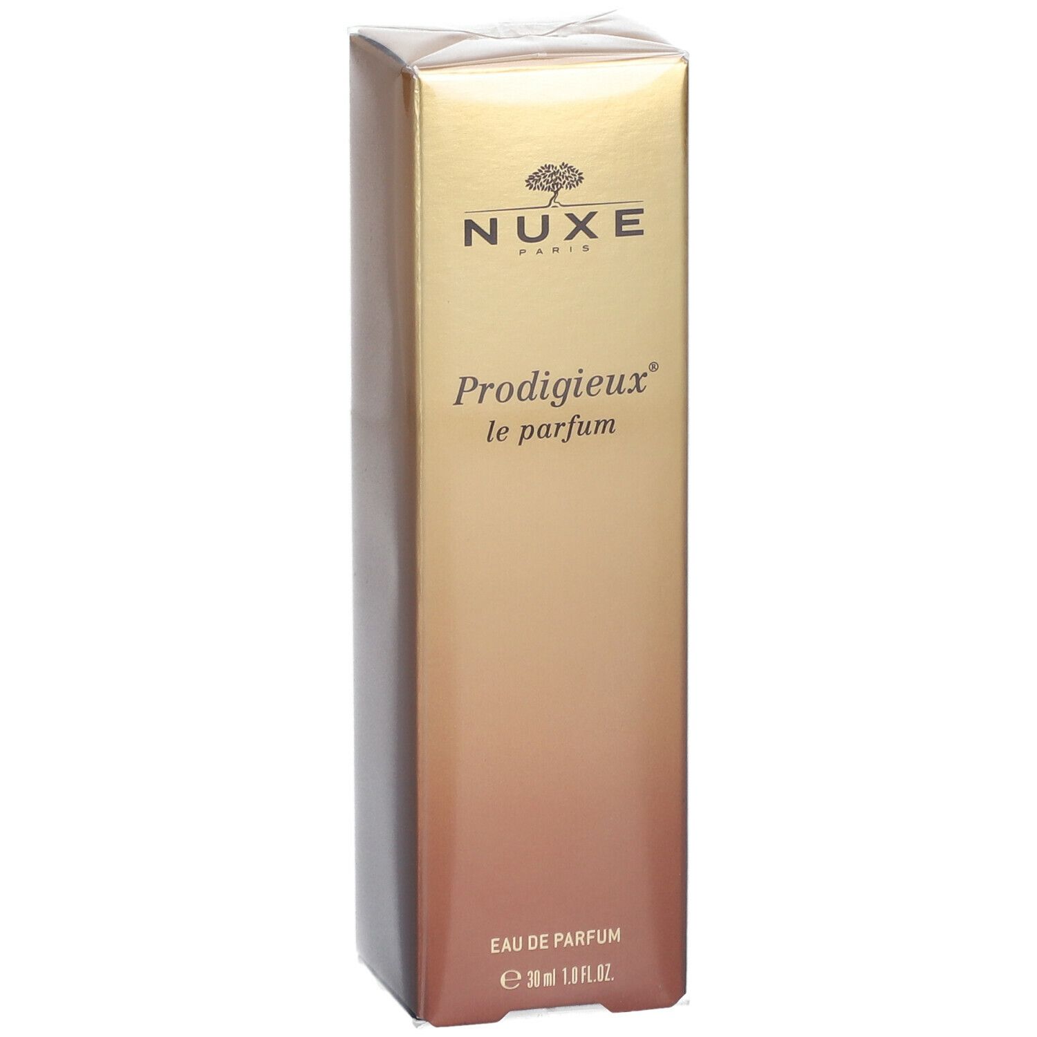 Scatola Nuxe Prodigieux le parfum. Sfumatura dorata. Logo Nuxe e nome del prodotto. Eau de Parfum, 30 ml.