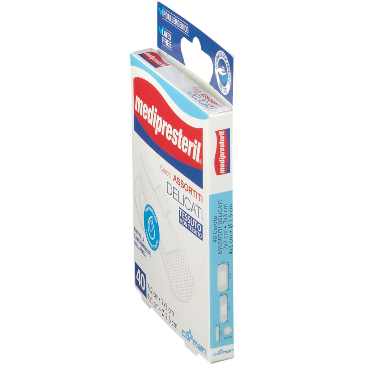 Seitenansicht der Verpackung mit Pflastern. Aufschrift: Medipresteril, Cerotti Assortiti Delicati, 40 Stück. Größen: 7x2 cm, 7x3 cm, 4x1 cm, Ø 2,5 cm.