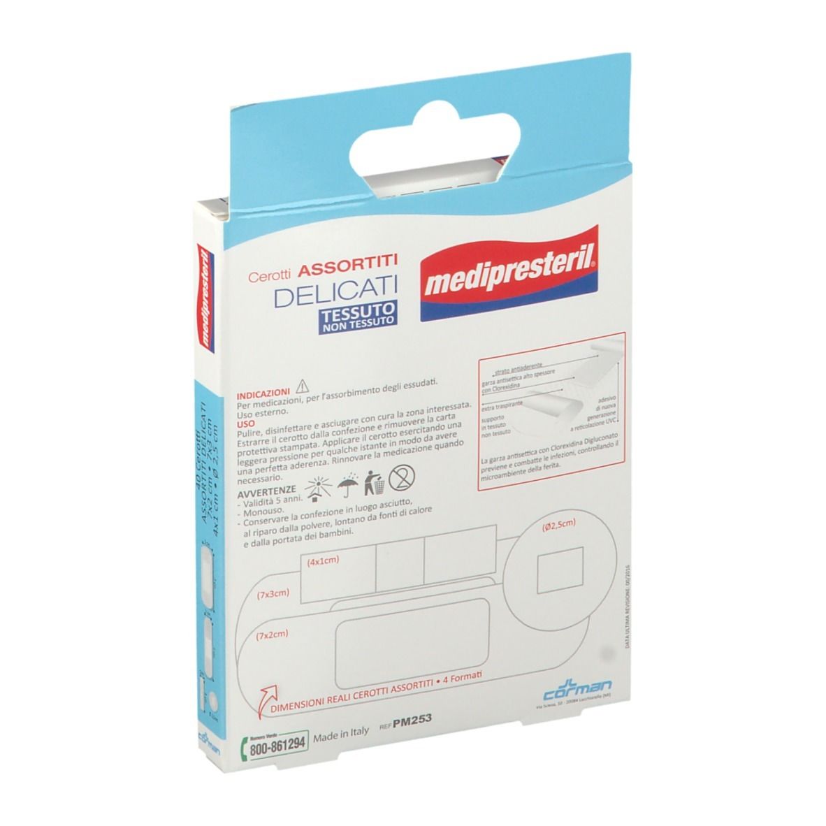 Rückseite der Verpackung mit Pflastern. Text und Abbildungen zu den Inhaltsstoffen und Anwendung. Marke: corman.