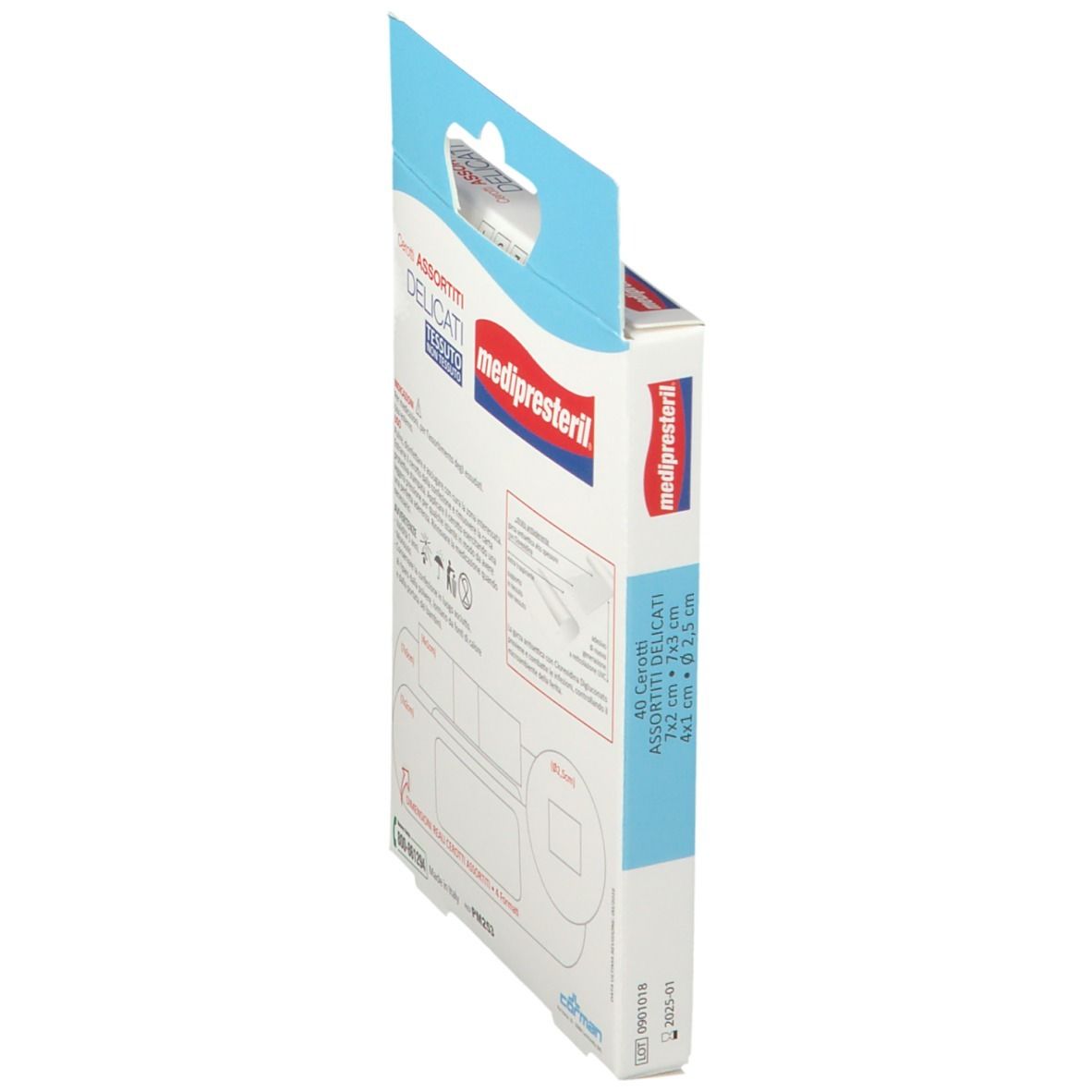 Seitenansicht der Verpackung mit Pflastern. Text und Abbildungen zu den Inhaltsstoffen und Anwendung. Marke: corman.