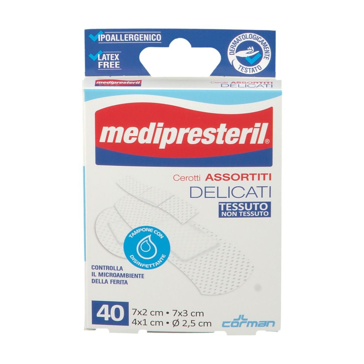 Verpackung mit Pflastern. Aufschrift: Medipresteril, Cerotti Assortiti Delicati, 40 Stück. Größen: 7x2 cm, 7x3 cm, 4x1 cm, Ø 2,5 cm. Hypoallergen, latexfrei.