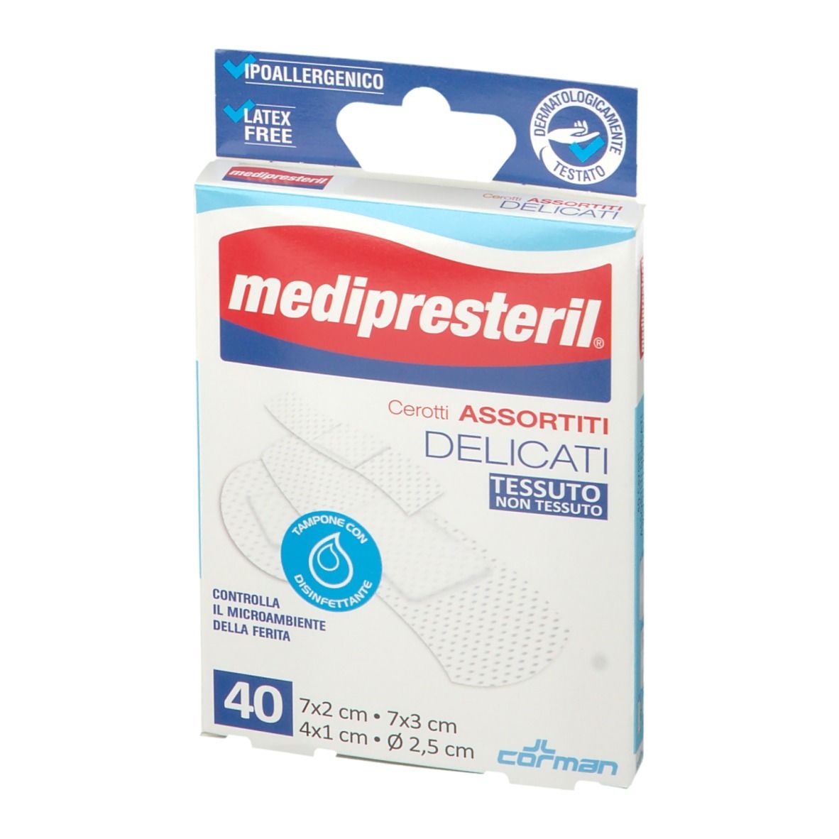 Verpackung mit Pflastern. Aufschrift: Medipresteril, Cerotti Assortiti Delicati, 40 Stück. Größen: 7x2 cm, 7x3 cm, 4x1 cm, Ø 2,5 cm. Hypoallergen, latexfrei.