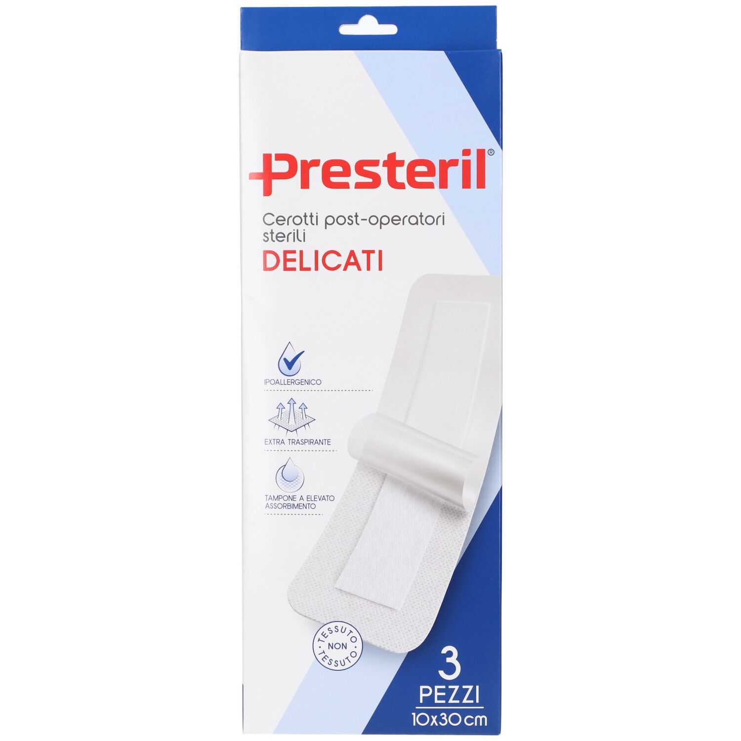 Confezione di tre medicazioni post-operatorie sterili. Visibili: nome prodotto, caratteristiche, dimensioni 10x30 cm.