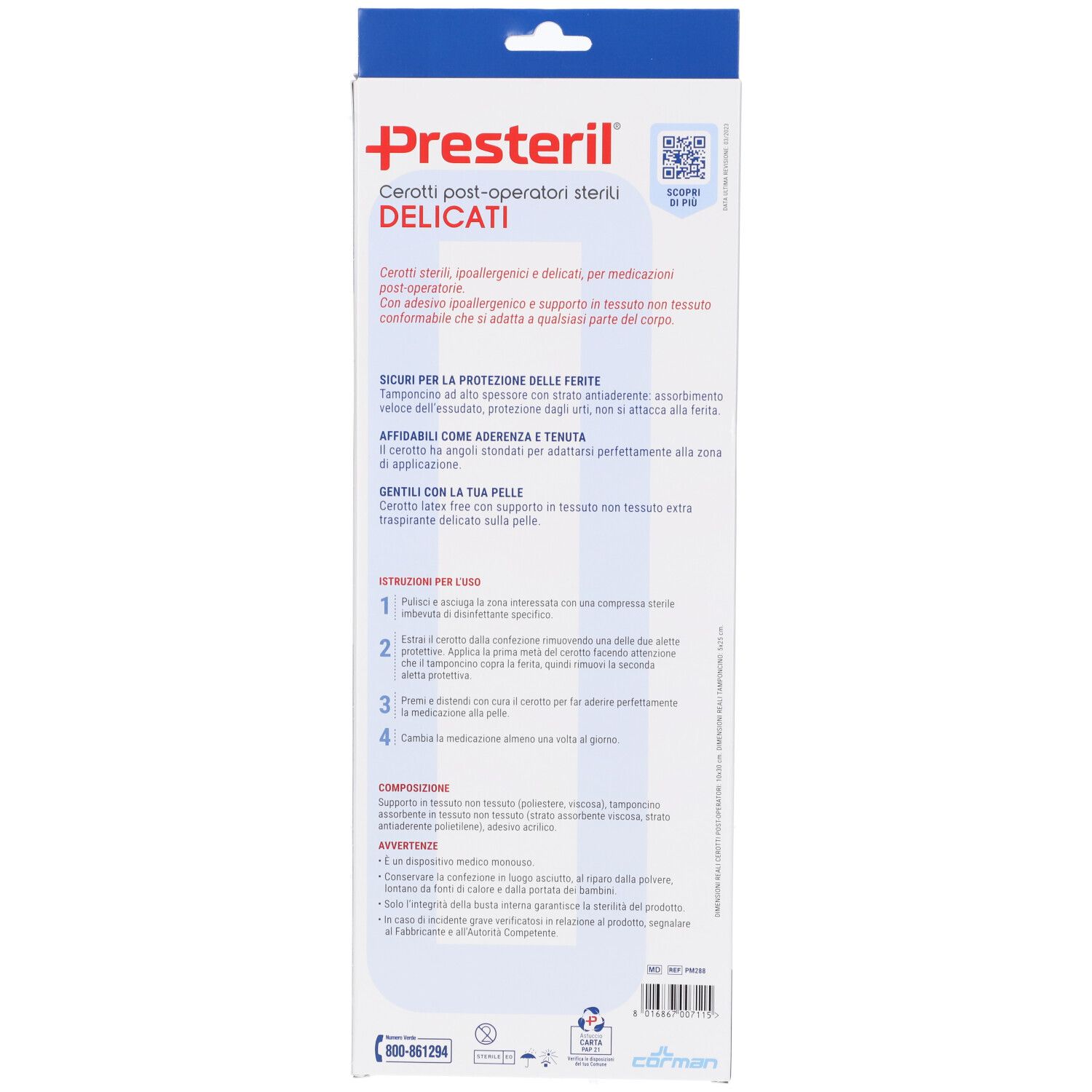 Retro della confezione con informazioni sul prodotto e istruzioni per l'uso. Testo in italiano.