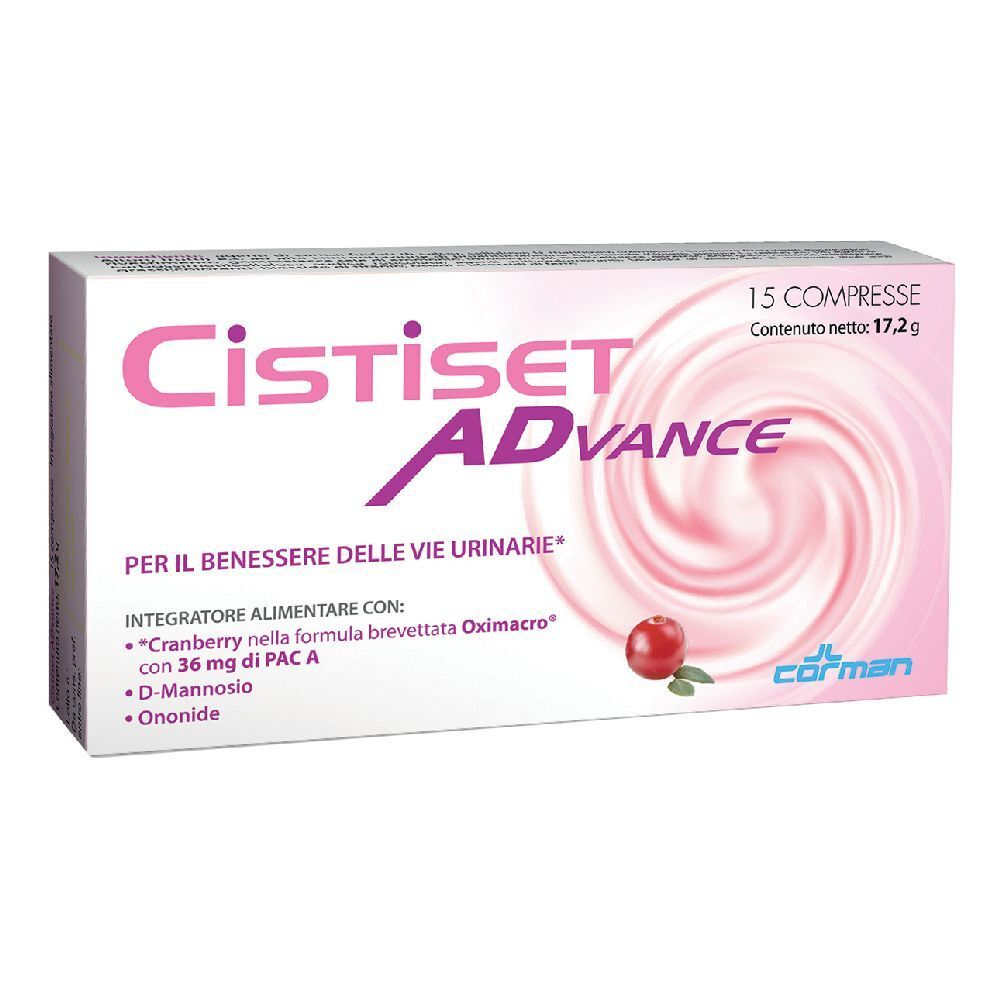Cistiset Advance-Verpackung. 15 Tabletten. Rosa-weißes Design mit Cranberry-Abbildung. Enthält D-Mannose, Ononide.