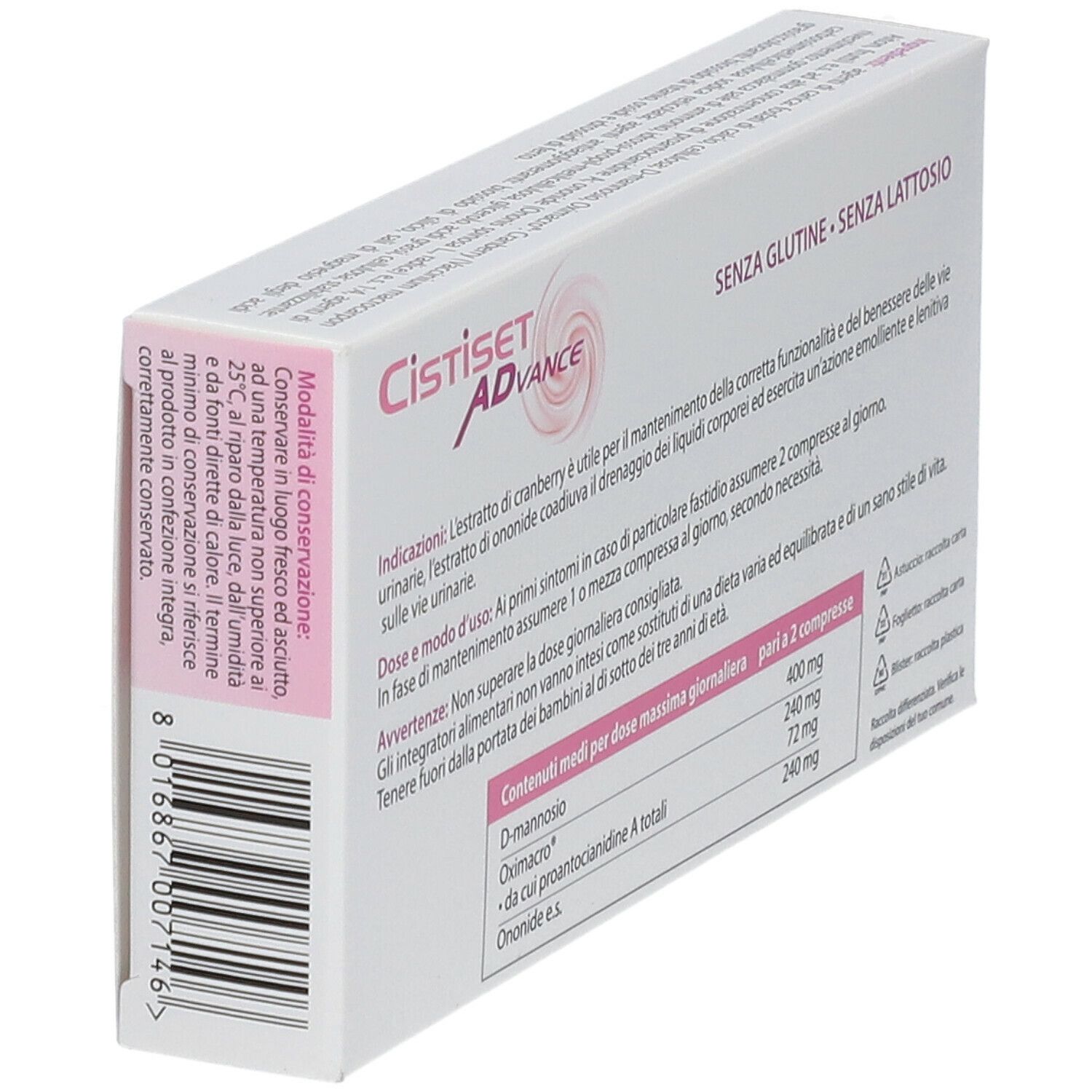 Rückseite der Cistiset Advance-Verpackung, schräg. Text: Glutenfrei, laktosefrei. Inhaltsstoffe: D-Mannose, Oxymacro, Ononide.