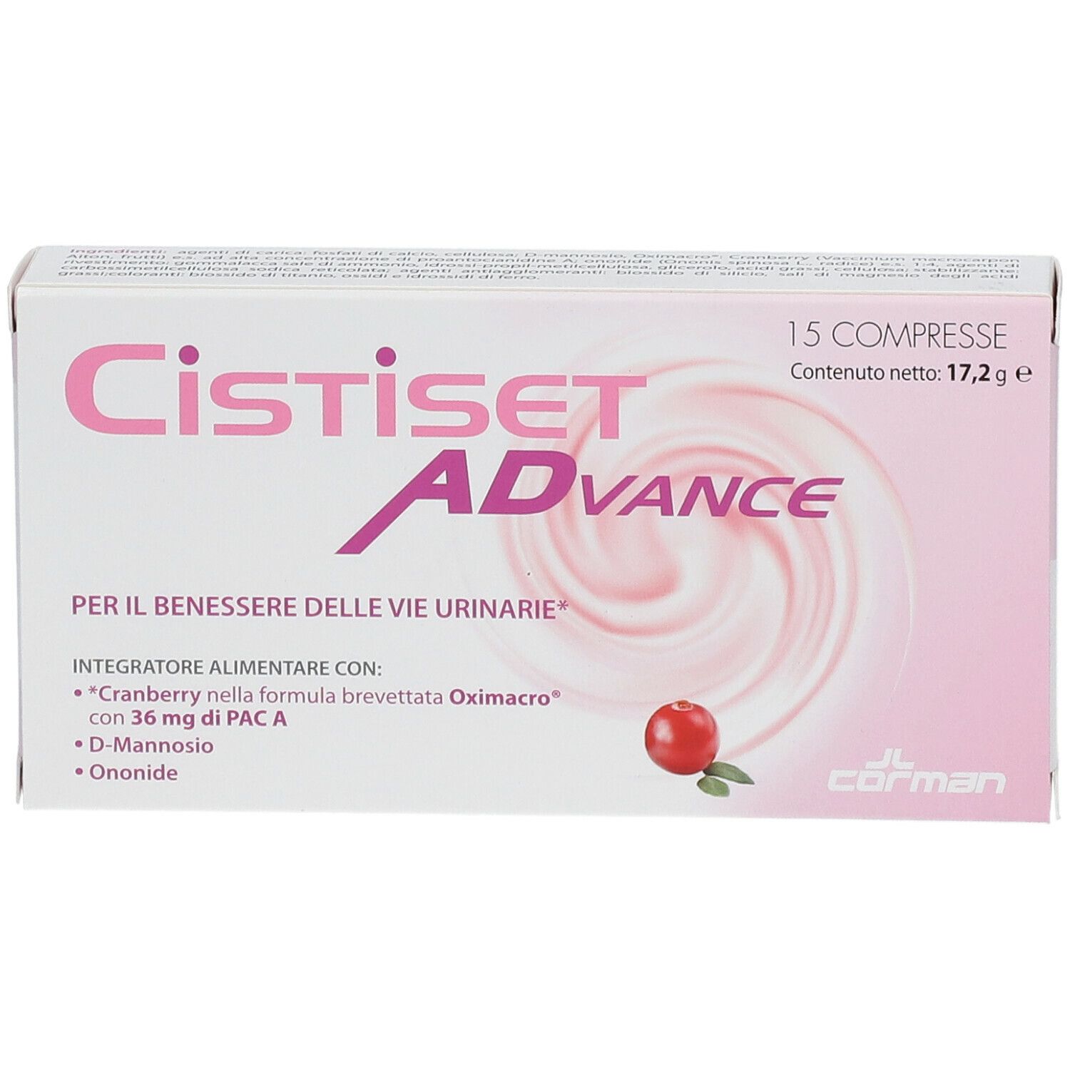 Cistiset Advance-Verpackung. 15 Tabletten. Rosa-weißes Design mit Cranberry-Abbildung. Enthält D-Mannose, Ononide.