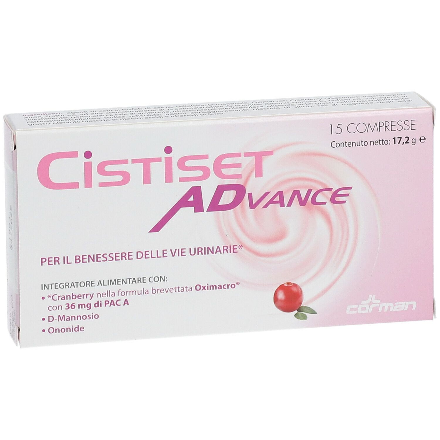 Cistiset Advance-Verpackung. 15 Tabletten. Rosa-weißes Design mit Cranberry-Abbildung. Enthält D-Mannose, Ononide.