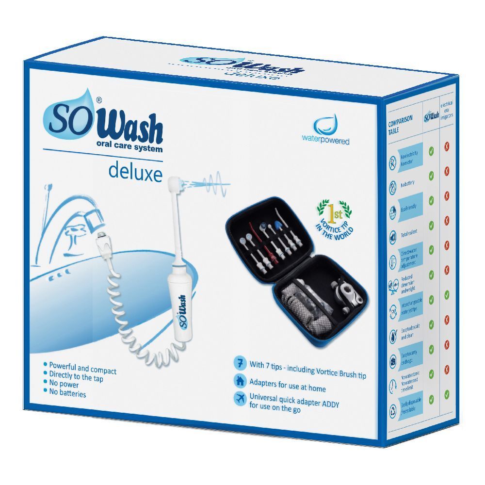 Confezione del sistema di igiene orale SO Wash Deluxe. Include idropulsore, accessori e custodia da viaggio. Con etichetta "1st in the world".