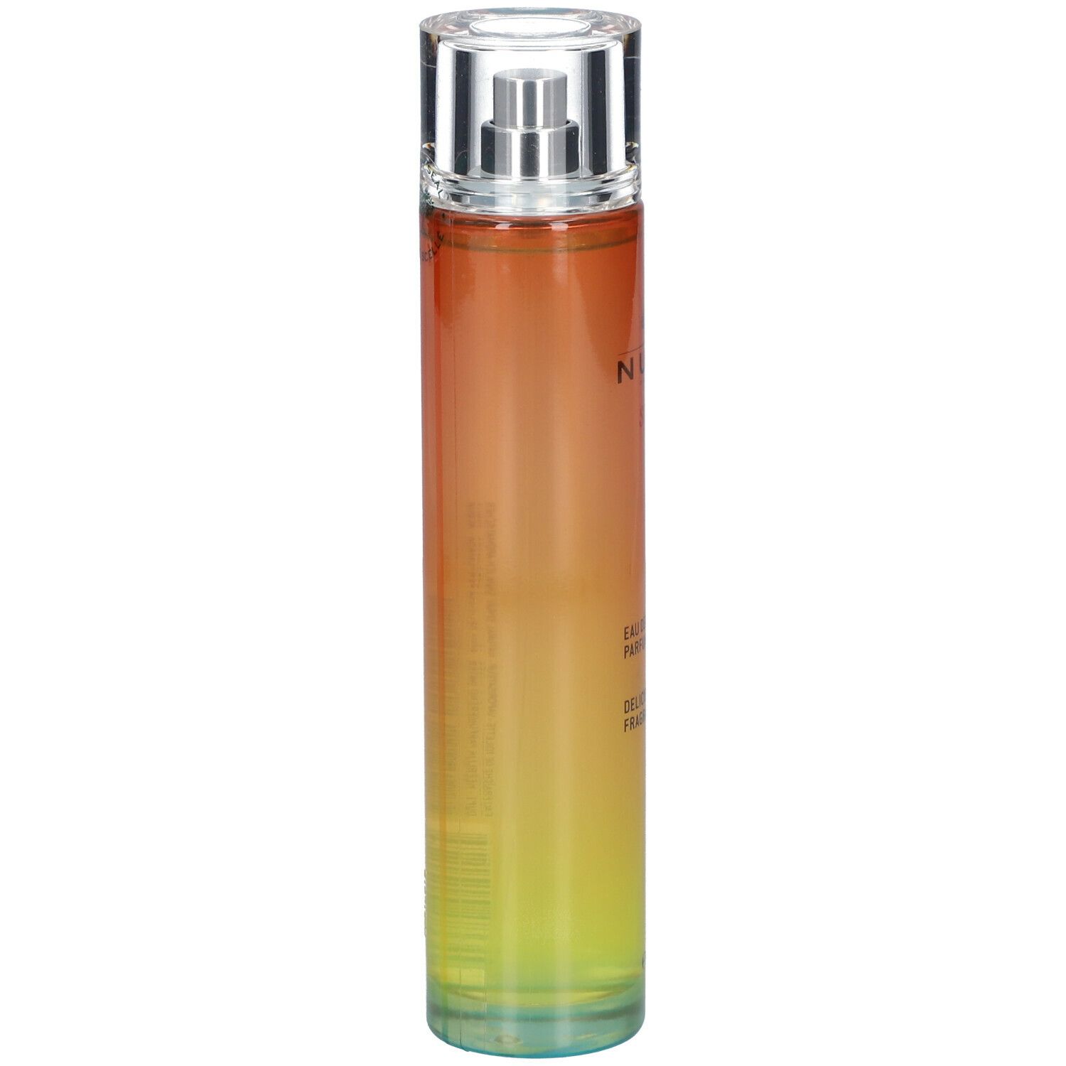 Flacone cilindrico con vaporizzatore. Sfumatura giallo-arancio. Scritte: Nuxe Sun, Eau Délicieuse Parfumante, Delicious Fragrant Water.