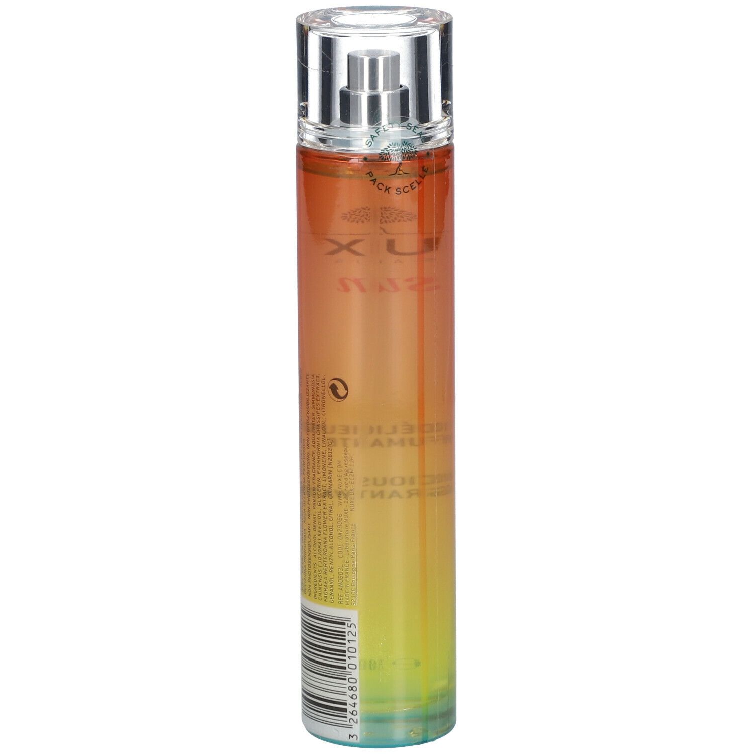 Flacone cilindrico con vaporizzatore. Sfumatura giallo-arancio. Scritte: Nuxe Sun, Eau Délicieuse Parfumante, Delicious Fragrant Water.