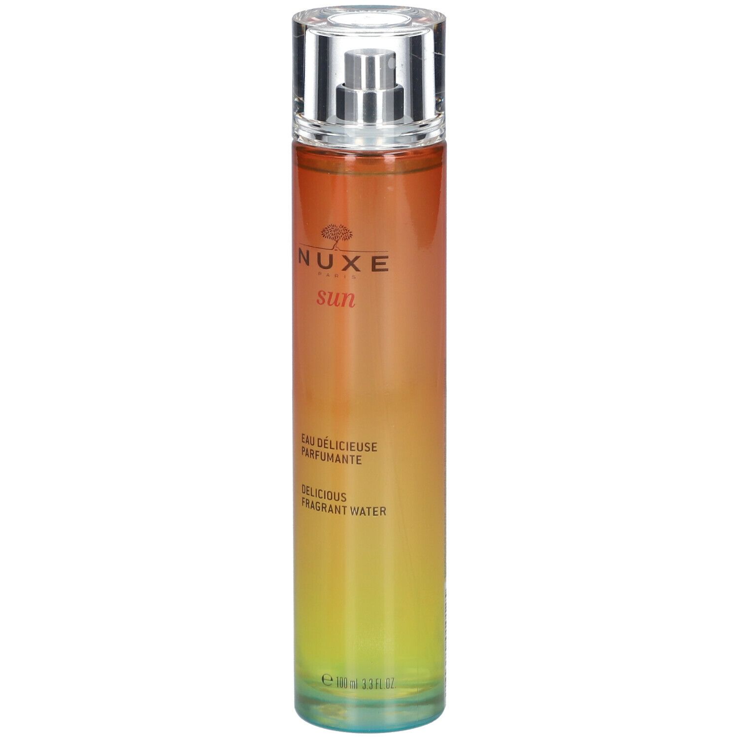 Flacone cilindrico con vaporizzatore. Sfumatura giallo-arancio. Scritte: Nuxe Sun, Eau Délicieuse Parfumante, Delicious Fragrant Water.