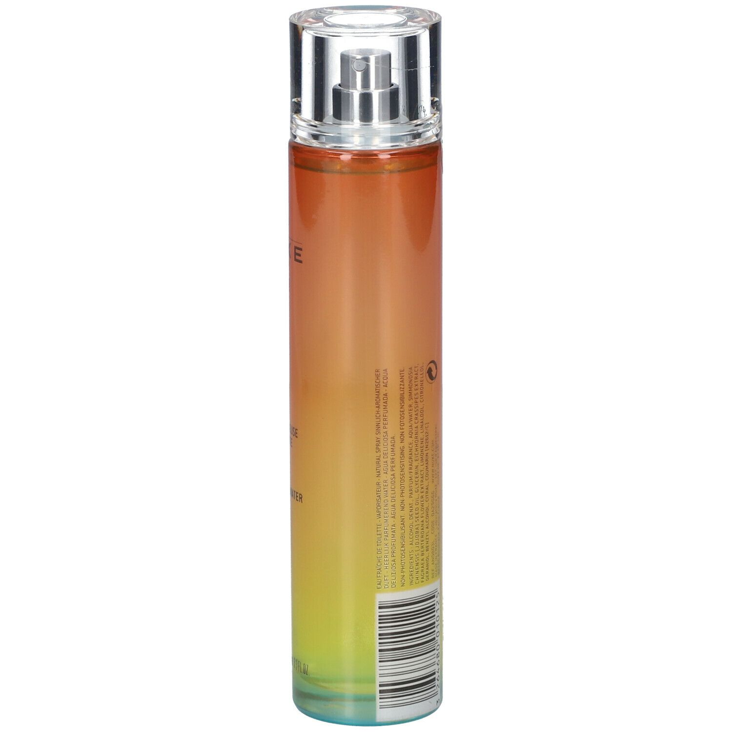 Flacone cilindrico con vaporizzatore. Sfumatura giallo-arancio. Scritte: Nuxe Sun, Eau Délicieuse Parfumante, Delicious Fragrant Water.