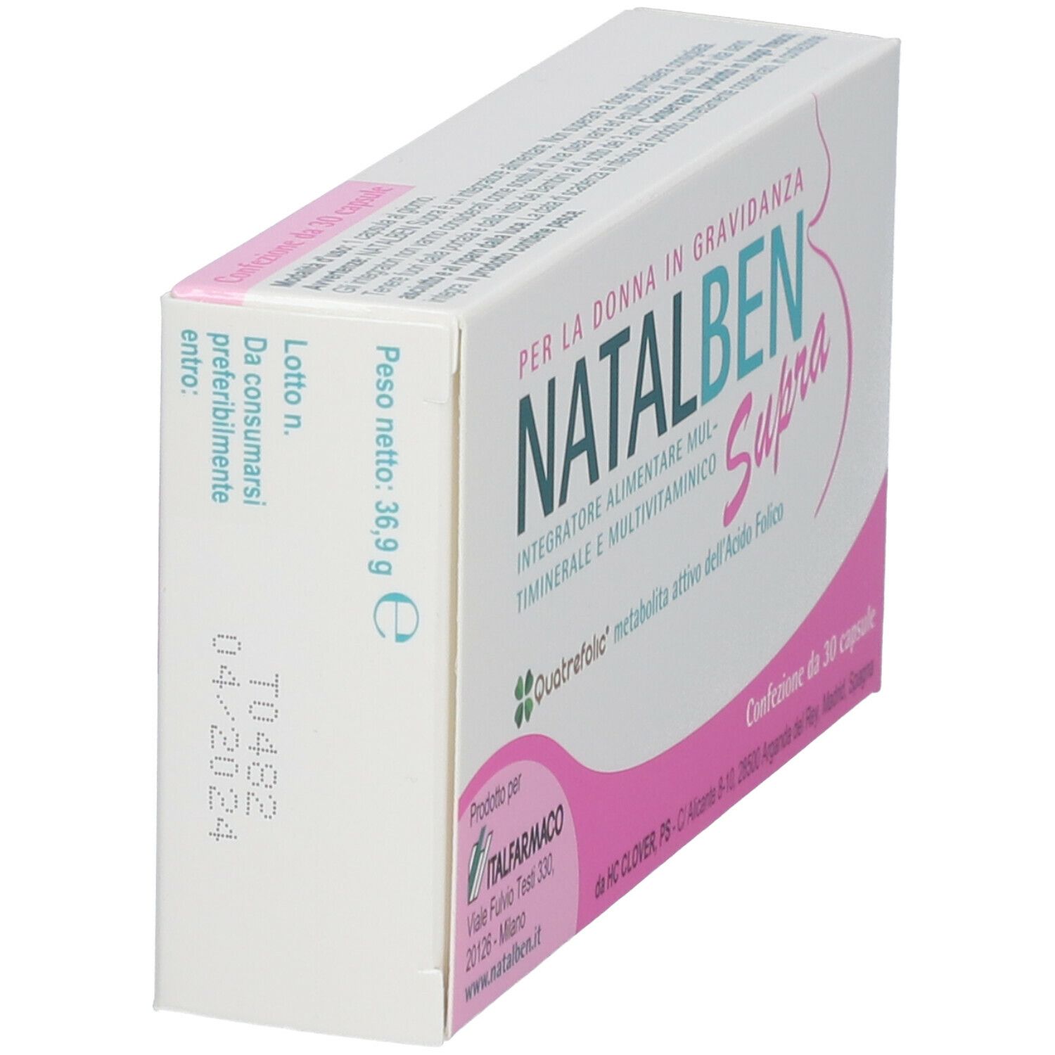 Scatola NATALBEN Supra, vista obliqua. Scritte in italiano. Data di scadenza 04/2024.