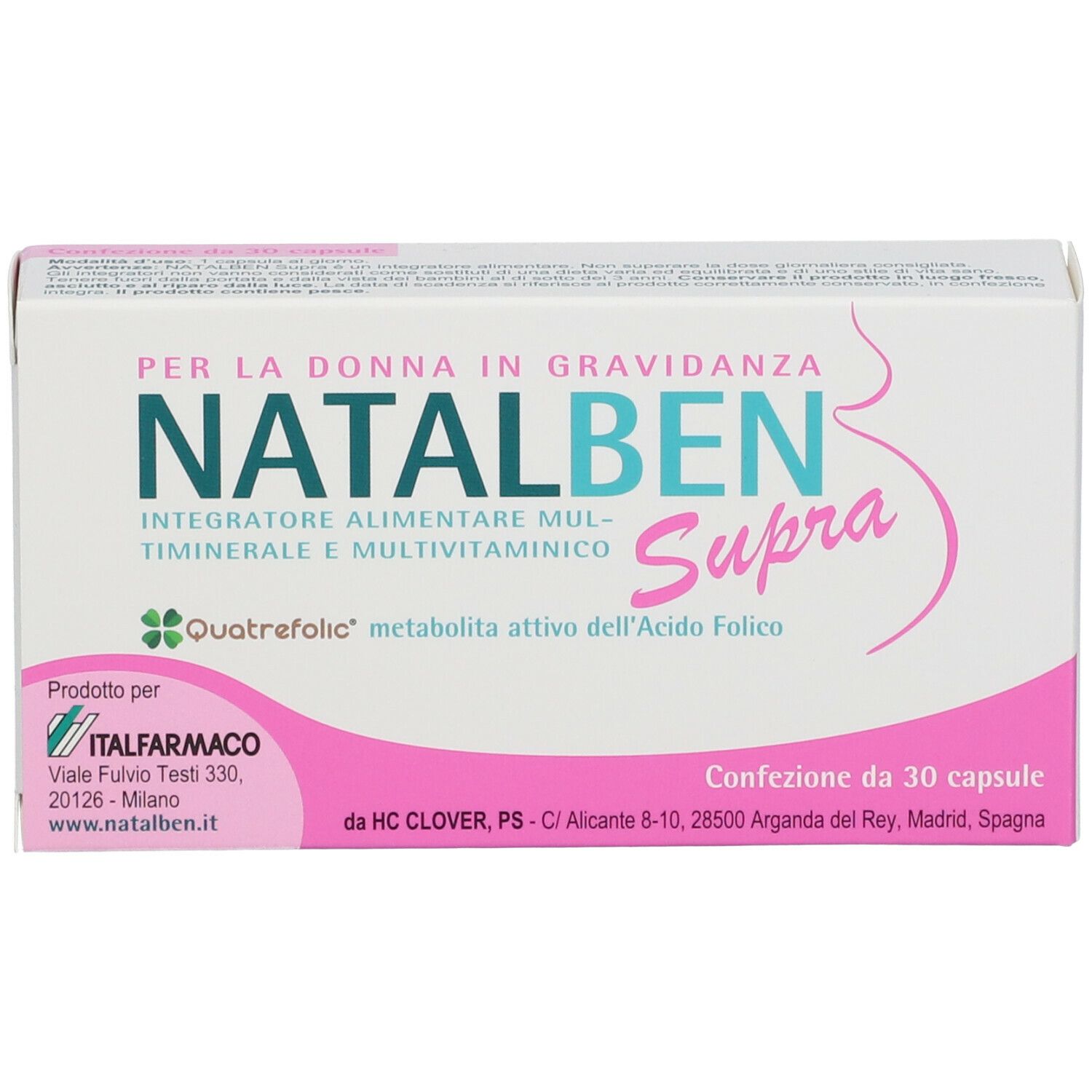 Scatola bianca con dettagli rosa. Scritta NATALBEN Supra. Contiene 30 capsule. Testo in italiano.