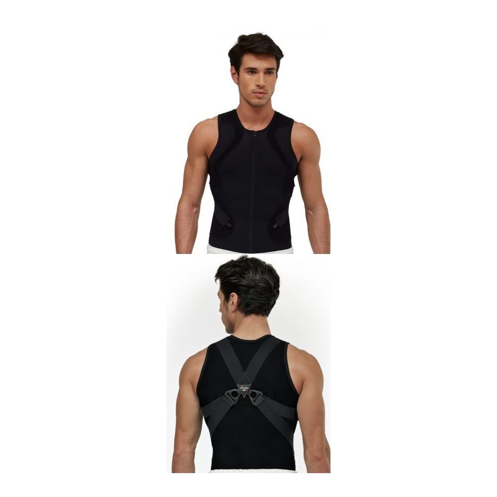 Gilet nero con zip e spalline. Uomo lo indossa. Vista posteriore: spalline incrociate.