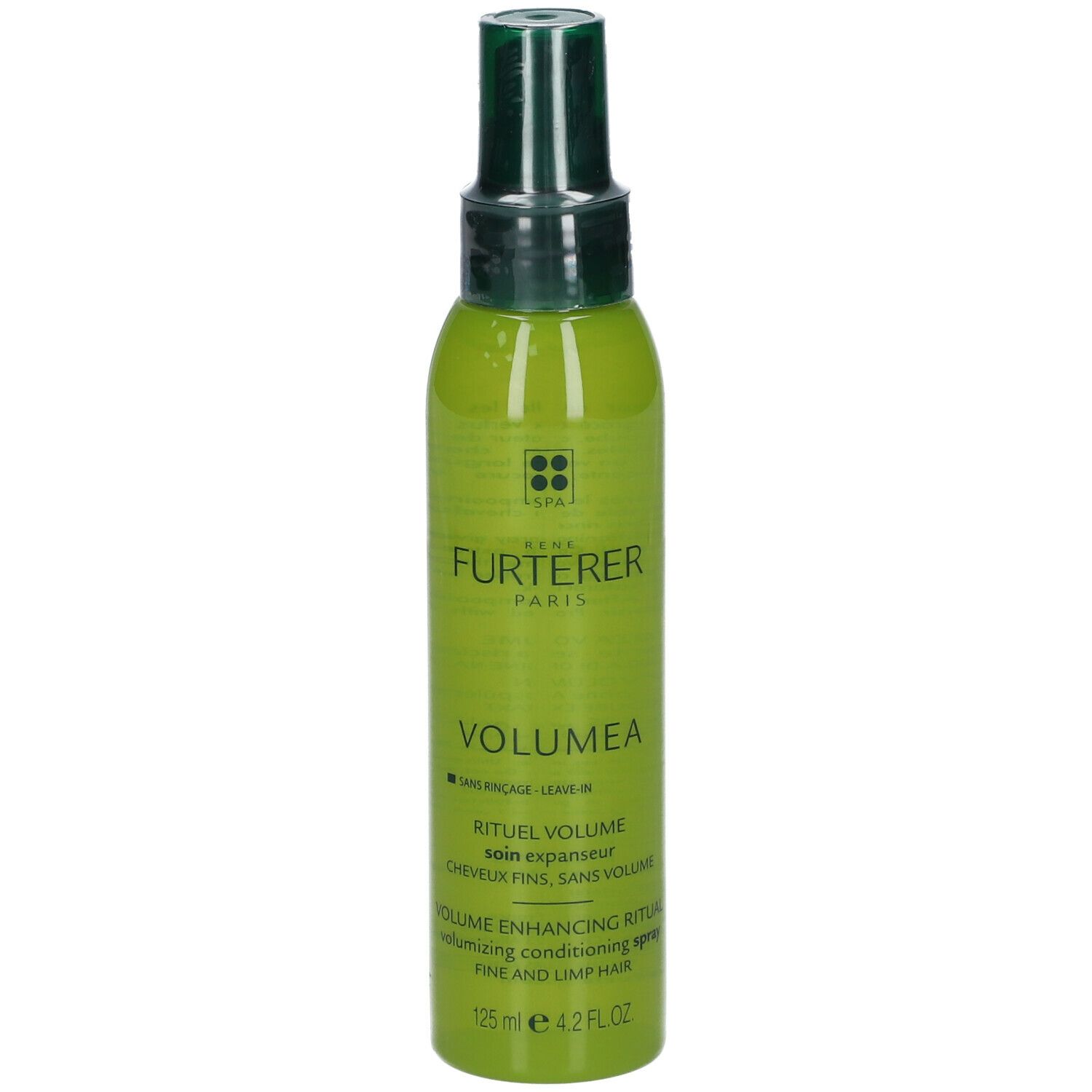 Grüne Sprühflasche mit weißer Schrift. Aufschrift: René Furterer, Volumea. Volumen-Ritual für feines, kraftloses Haar.