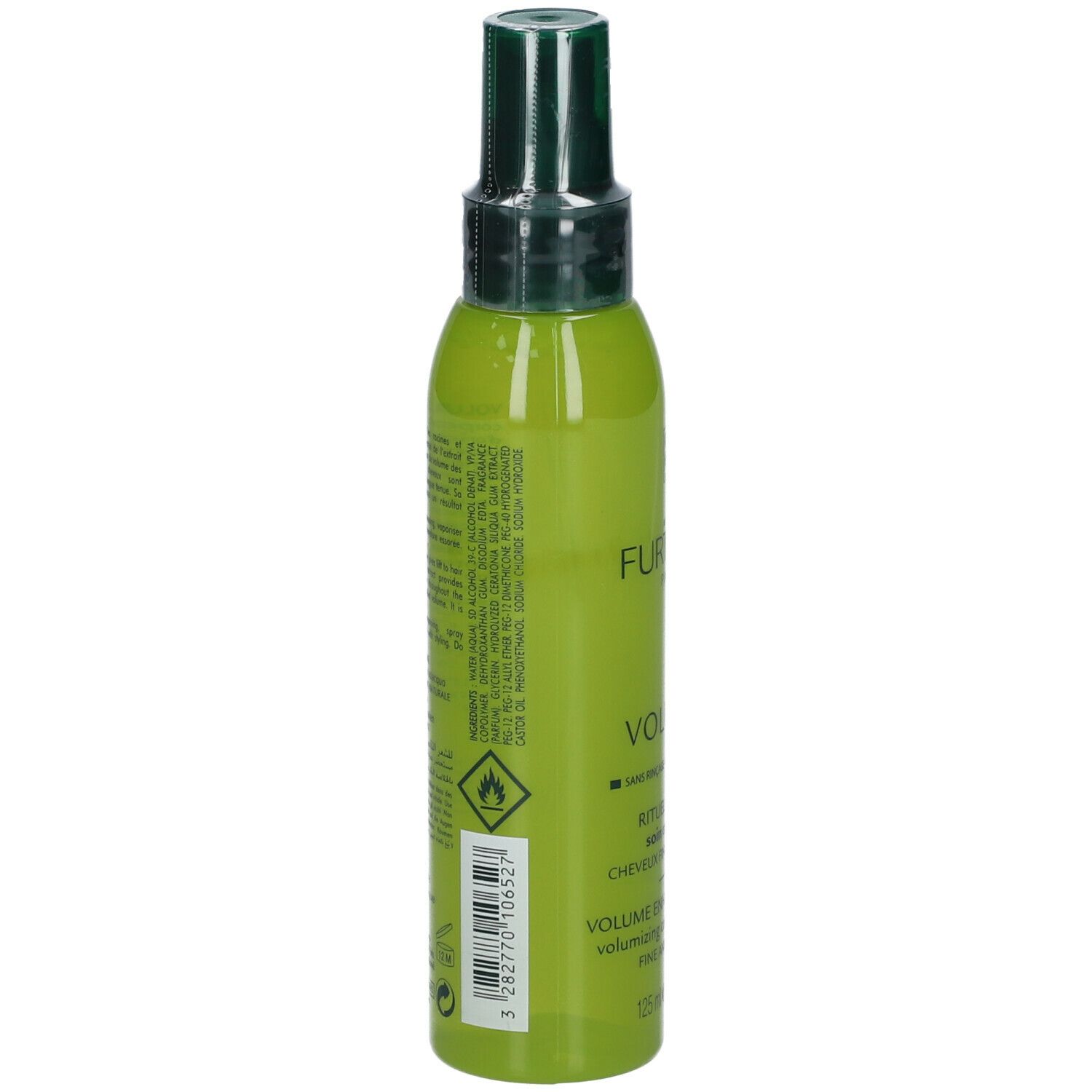 Grüne Sprühflasche mit weißer Schrift. Aufschrift: René Furterer, Volumea. Volumen-Ritual für feines, kraftloses Haar.
