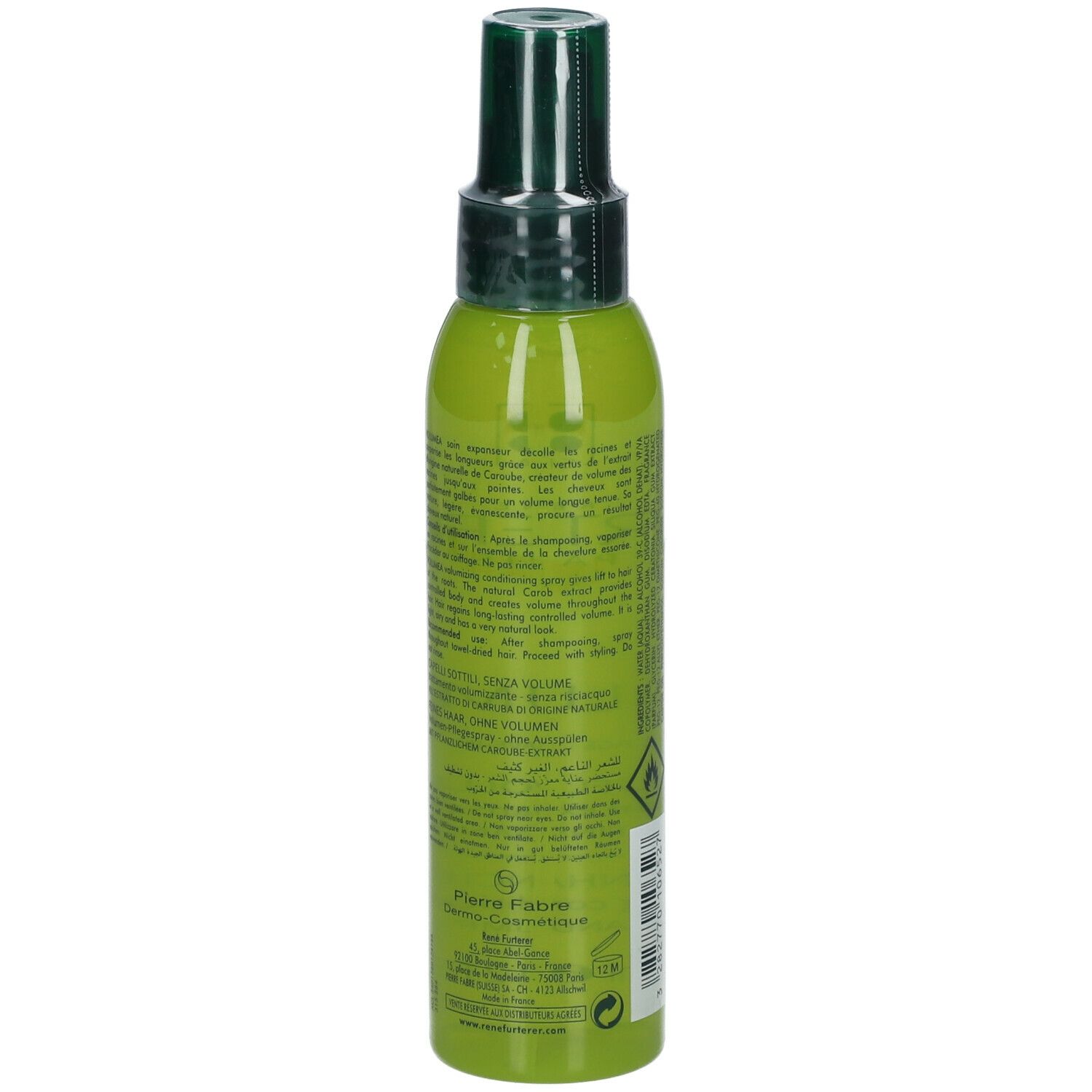 Grüne Sprühflasche mit weißer Schrift. Aufschrift: René Furterer, Volumea. Volumen-Ritual für feines, kraftloses Haar.