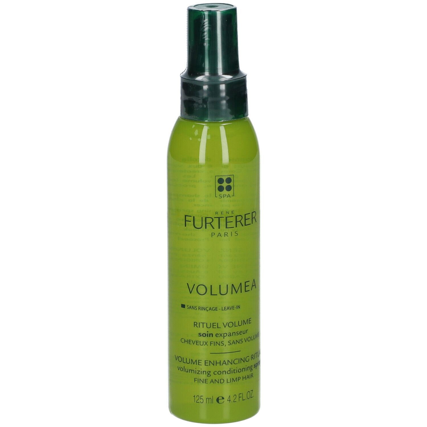 Grüne Sprühflasche mit weißer Schrift. Aufschrift: René Furterer, Volumea. Volumen-Ritual für feines, kraftloses Haar.