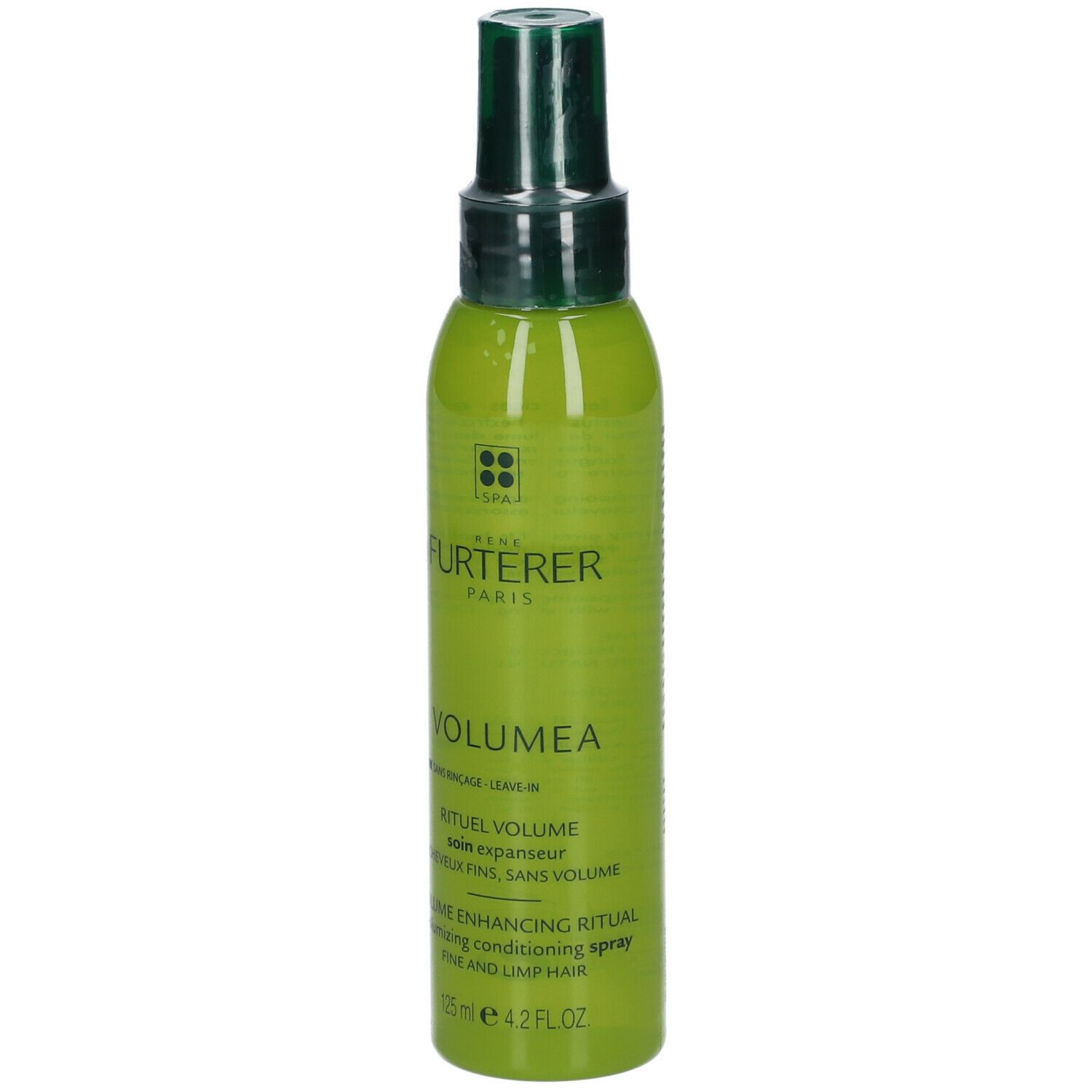 Grüne Sprühflasche mit weißer Schrift. Aufschrift: René Furterer, Volumea. Volumen-Ritual für feines, kraftloses Haar.