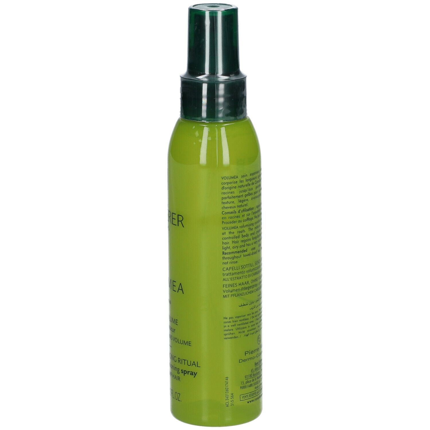 Grüne Sprühflasche mit weißer Schrift. Aufschrift: René Furterer, Volumea. Volumen-Ritual für feines, kraftloses Haar.