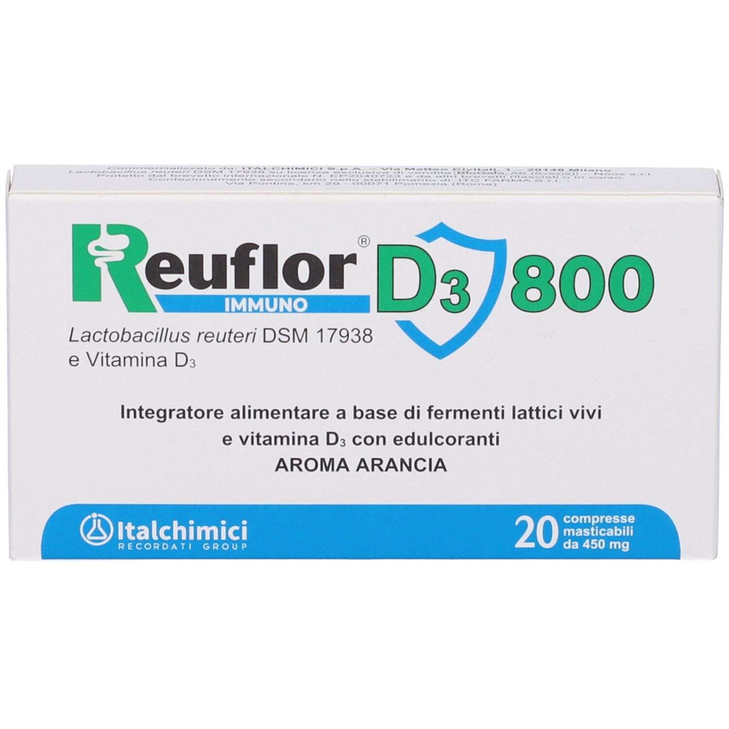 Scatola bianca Reuflor D3 800. Contiene 20 compresse. Testo in italiano.