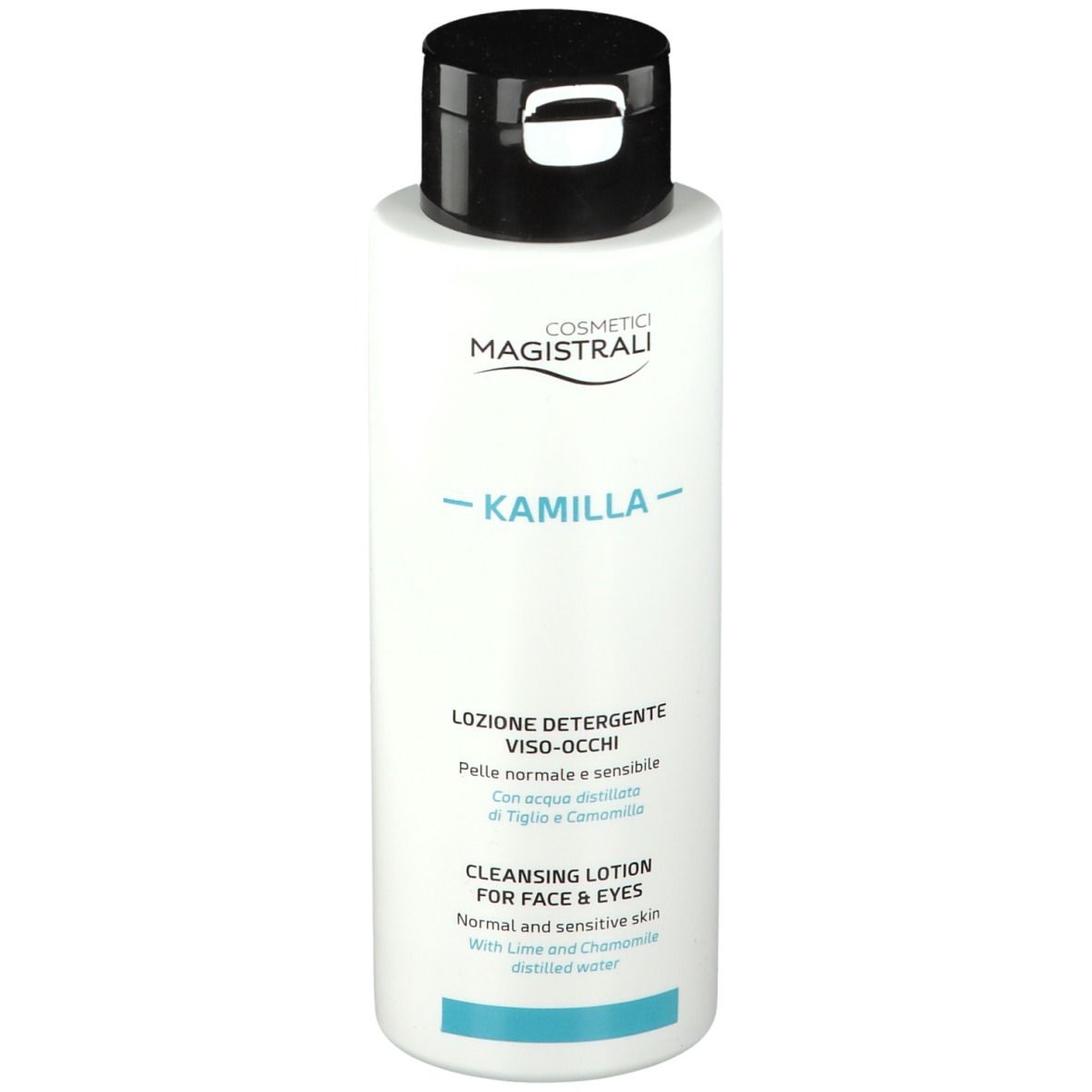 Flacone bianco con tappo nero. Scritta: MAGISTRALI COSMETICS, -KAMILLA-, lozione detergente viso-occhi.