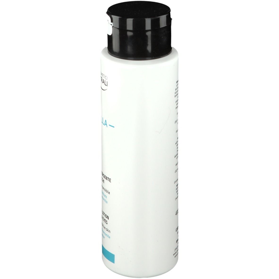 Flacone bianco con tappo nero. Scritta: MAGISTRALI COSMETICS, -KAMILLA-, lozione detergente viso-occhi.