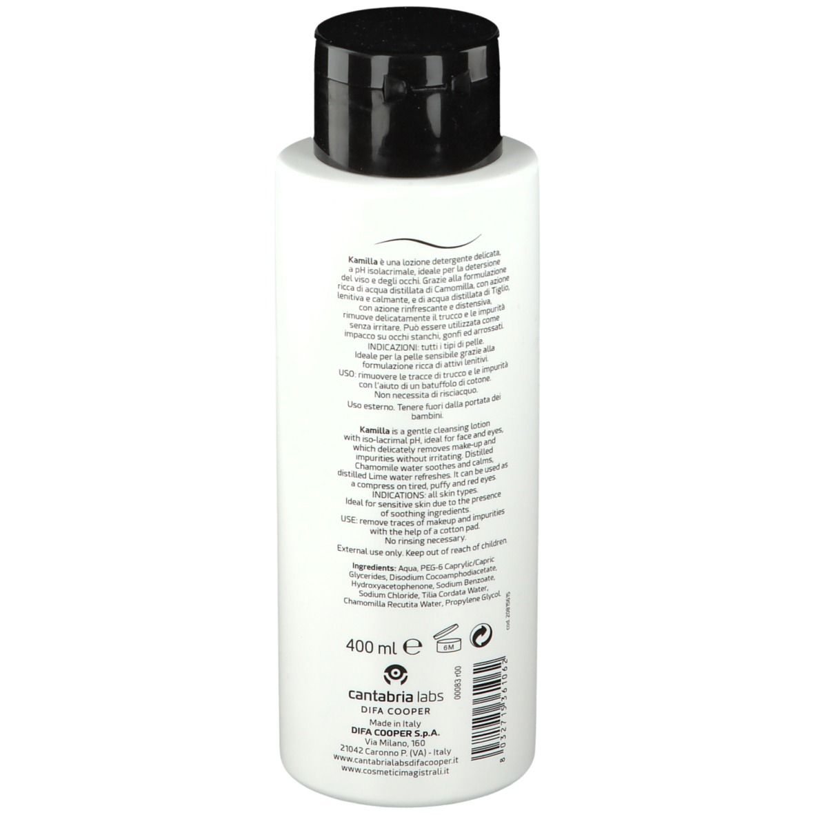 Flacone bianco con tappo nero. Scritta: MAGISTRALI COSMETICS, -KAMILLA-, lozione detergente viso-occhi. Testo sul retro.
