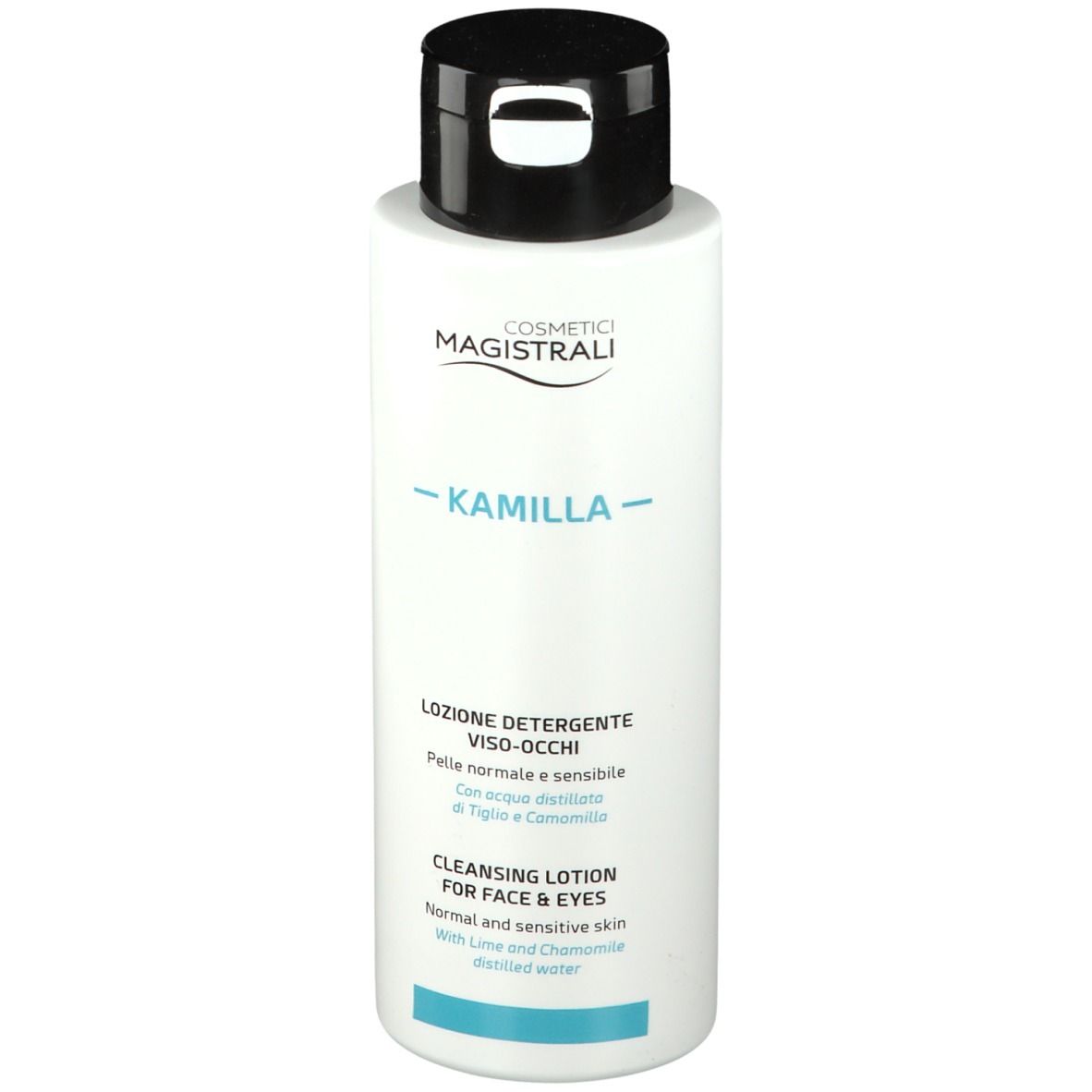 Flacone bianco con tappo nero. Scritta: MAGISTRALI COSMETICS, -KAMILLA-, lozione detergente viso-occhi.