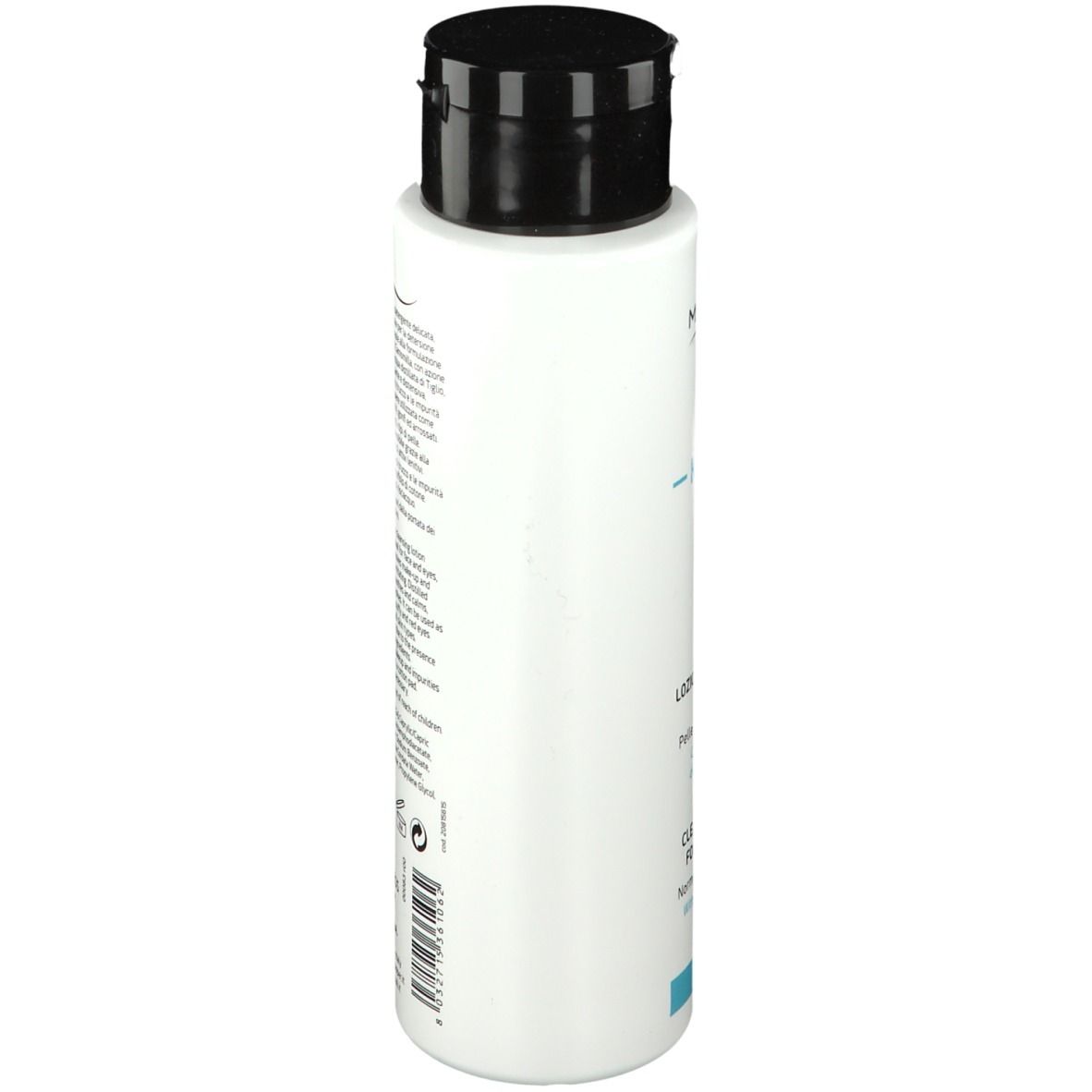 Flacone bianco con tappo nero. Scritta: MAGISTRALI COSMETICS, -KAMILLA-, lozione detergente viso-occhi. Vista laterale.