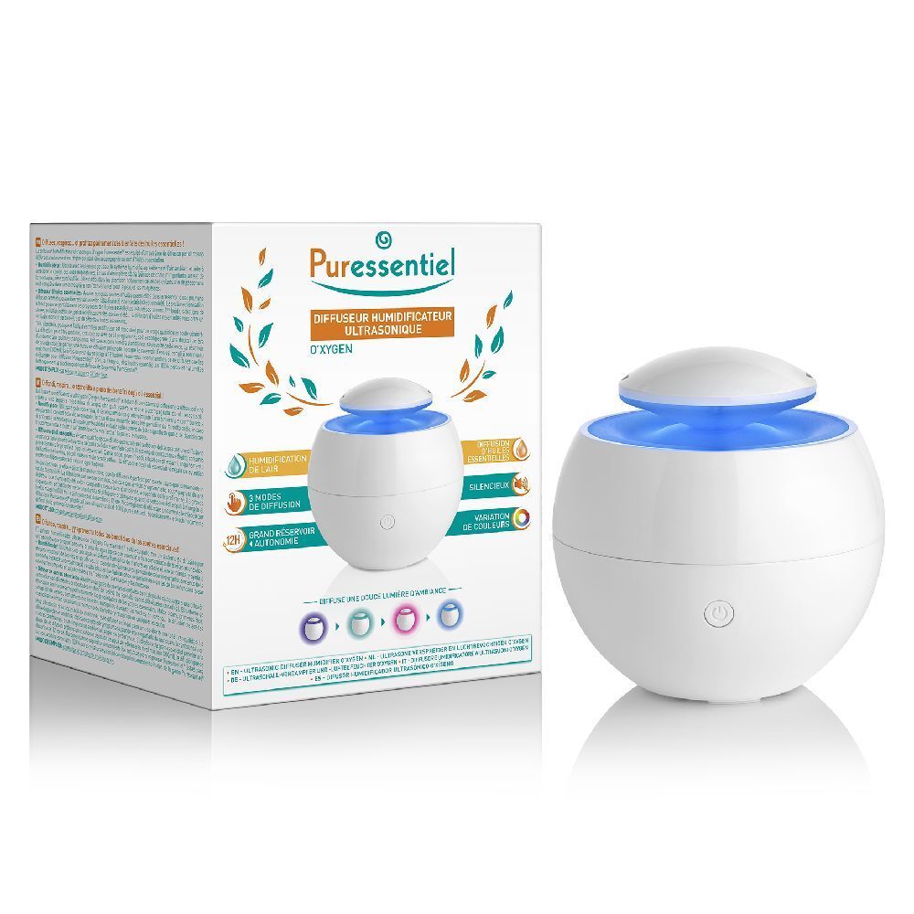 Diffusore umidificatore a ultrasuoni bianco, luce blu. Scatola con testo "Puressentiel".