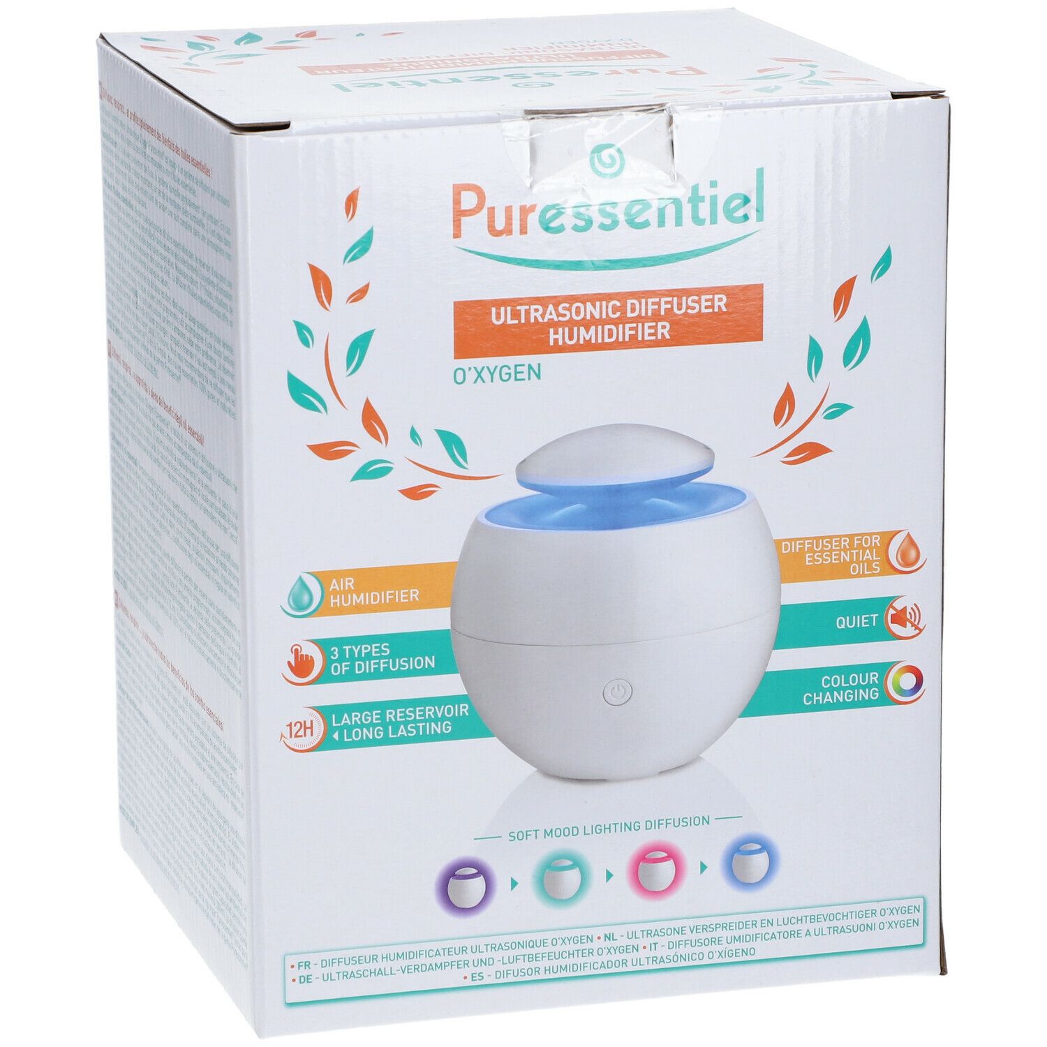 Confezione del diffusore a ultrasuoni. Testo: "Puressentiel", "Diffusore Umidificatore a Ultrasuoni".