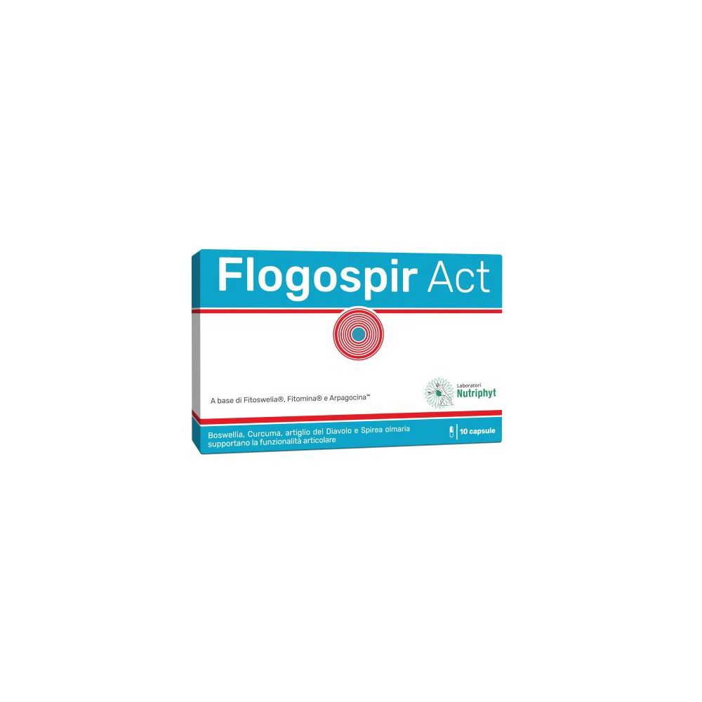 Scatola "Flogospir Act". Design blu e bianco. Cerchio rosso al centro. 10 capsule. Testo in italiano.