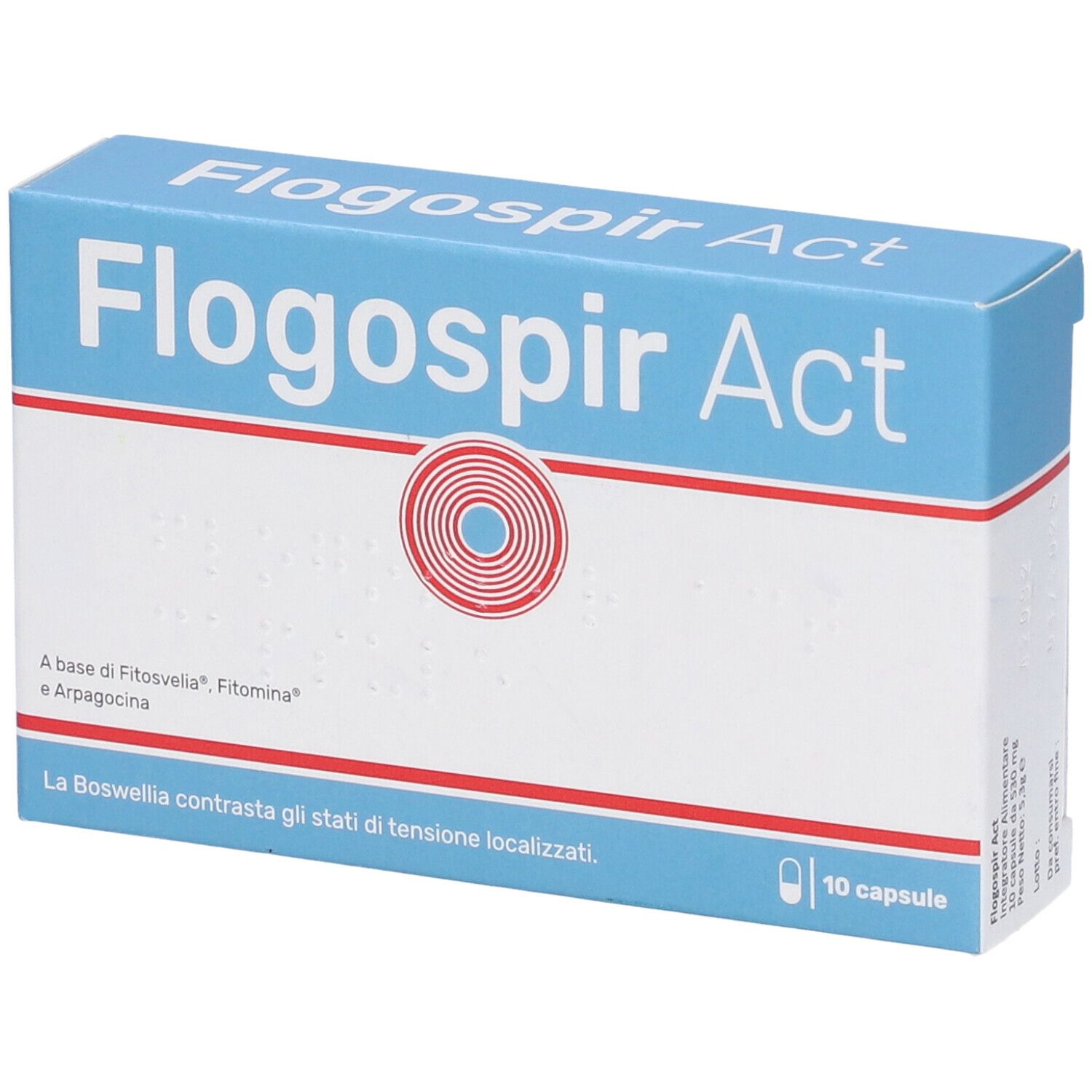 Scatola blu e bianca "Flogospir Act". Cerchio rosso. 10 capsule. Testo in italiano. Vista prospettica.