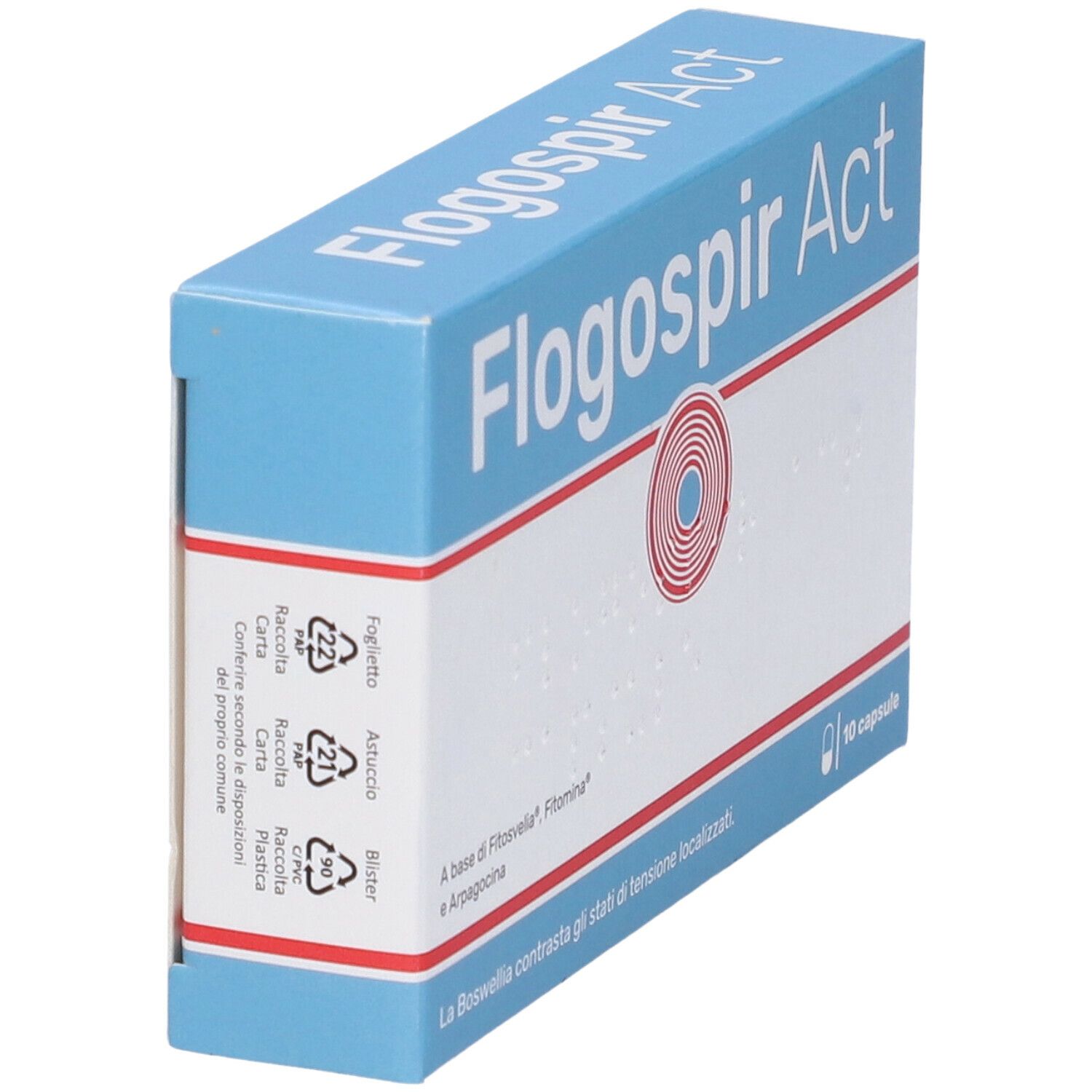 Scatola blu e bianca "Flogospir Act". Cerchio rosso. 10 capsule. Testo in italiano. Vista prospettica.