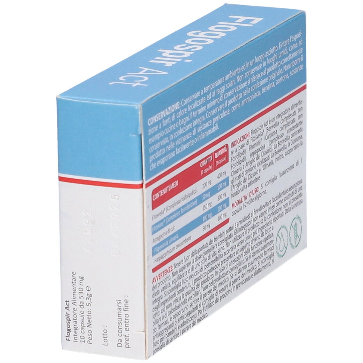Vista prospettica della scatola "Flogospir Act". Testo in italiano. Ingredienti, istruzioni per l'uso.