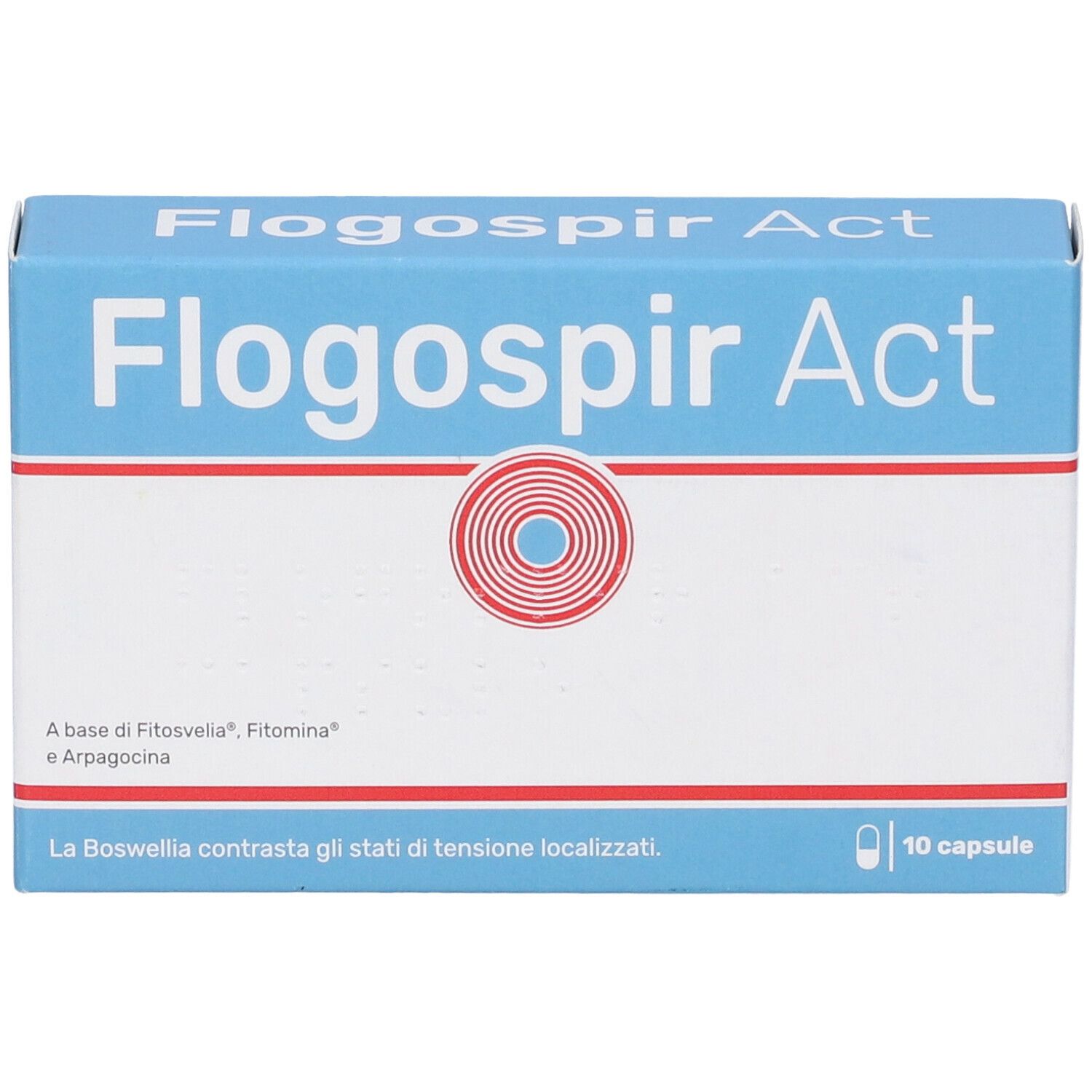 Scatola "Flogospir Act". Design blu e bianco. Cerchio rosso. 10 capsule. Testo in italiano.