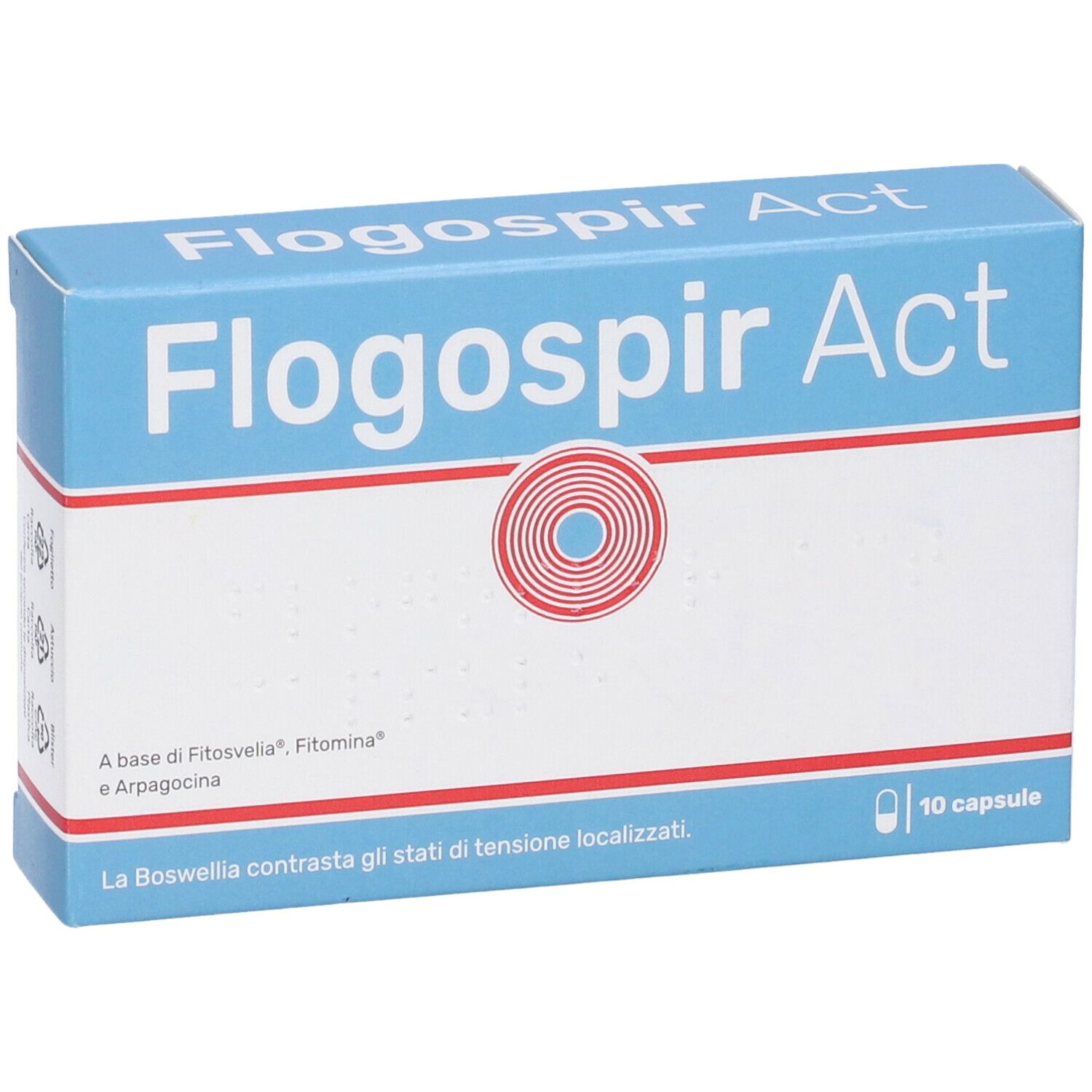 Scatola "Flogospir Act". Design blu e bianco. Cerchio rosso. 10 capsule. Testo in italiano.