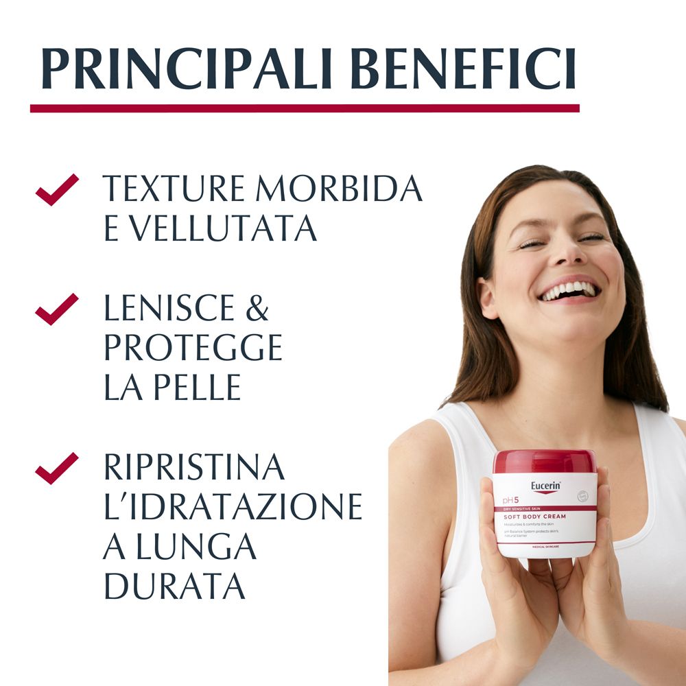 Frau hält einen Tiegel Eucerin pH5 Soft Cream. Text: Hauptvorteile. Text: Weiche Textur, glättet, spendet Feuchtigkeit.