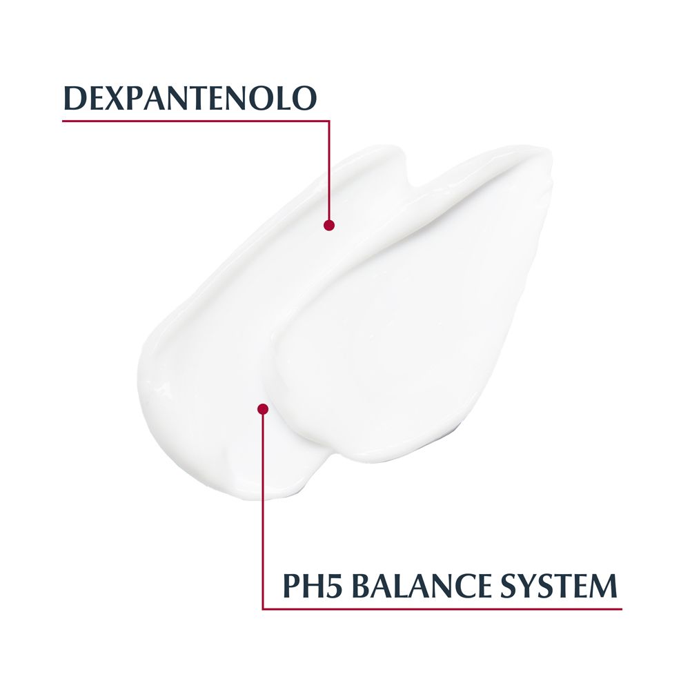 Weißes Produkt mit Text: Dexpanthenol, pH5 Balance System. Produktprobe auf weißem Hintergrund.