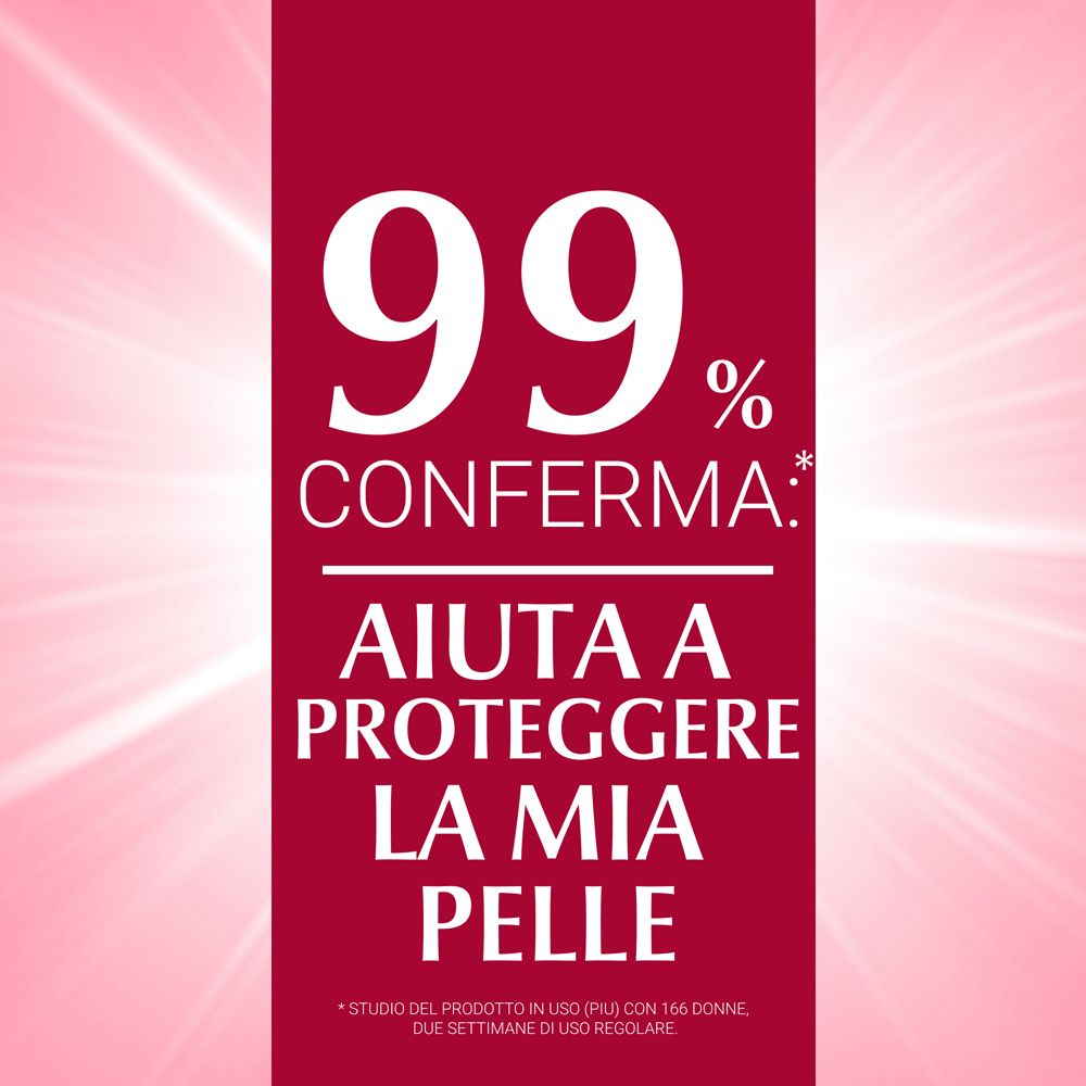 Text: 99% bestätigen: Hilft, meine Haut zu schützen. Roter Hintergrund mit rosa Lichteffekten.