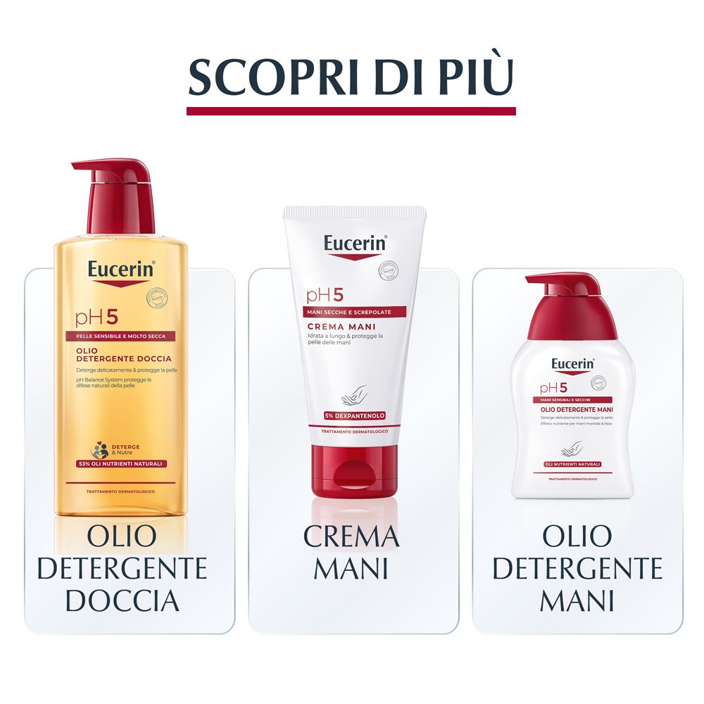 Drei Eucerin Produkte: Duschöl, Handcreme und Handöl. Alle mit rotem Deckel und weißer Verpackung.