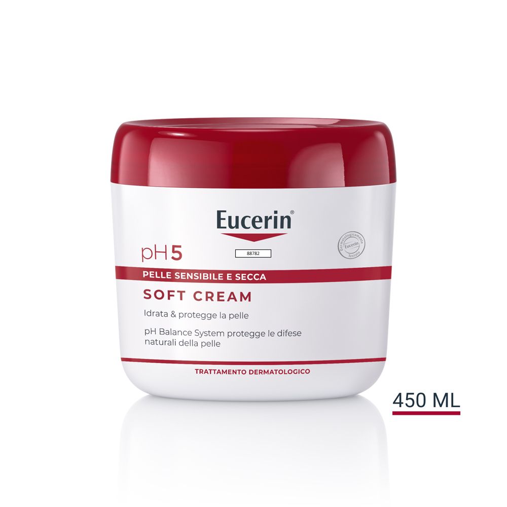 Eucerin pH5 Soft Cream Tiegel. Weißer Tiegel mit rotem Deckel. 450 ml. Produktname und Logo auf der Vorderseite.