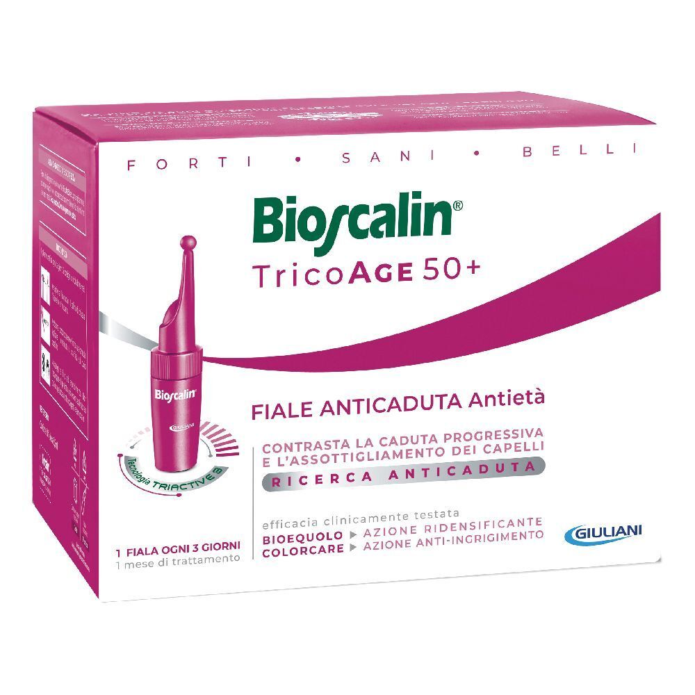Confezione Bioscalin TricoAGE 50+. Contiene fiala. Testo: Fiale Anticaduta Antietà. Logo Giuliani.