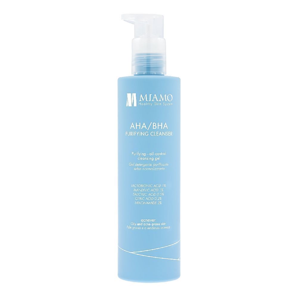 Flacone azzurro con dosatore. Scritta: MIAMO AHA/BHA Purifying Cleanser. Contiene ingredienti come acido lattico e citrico.